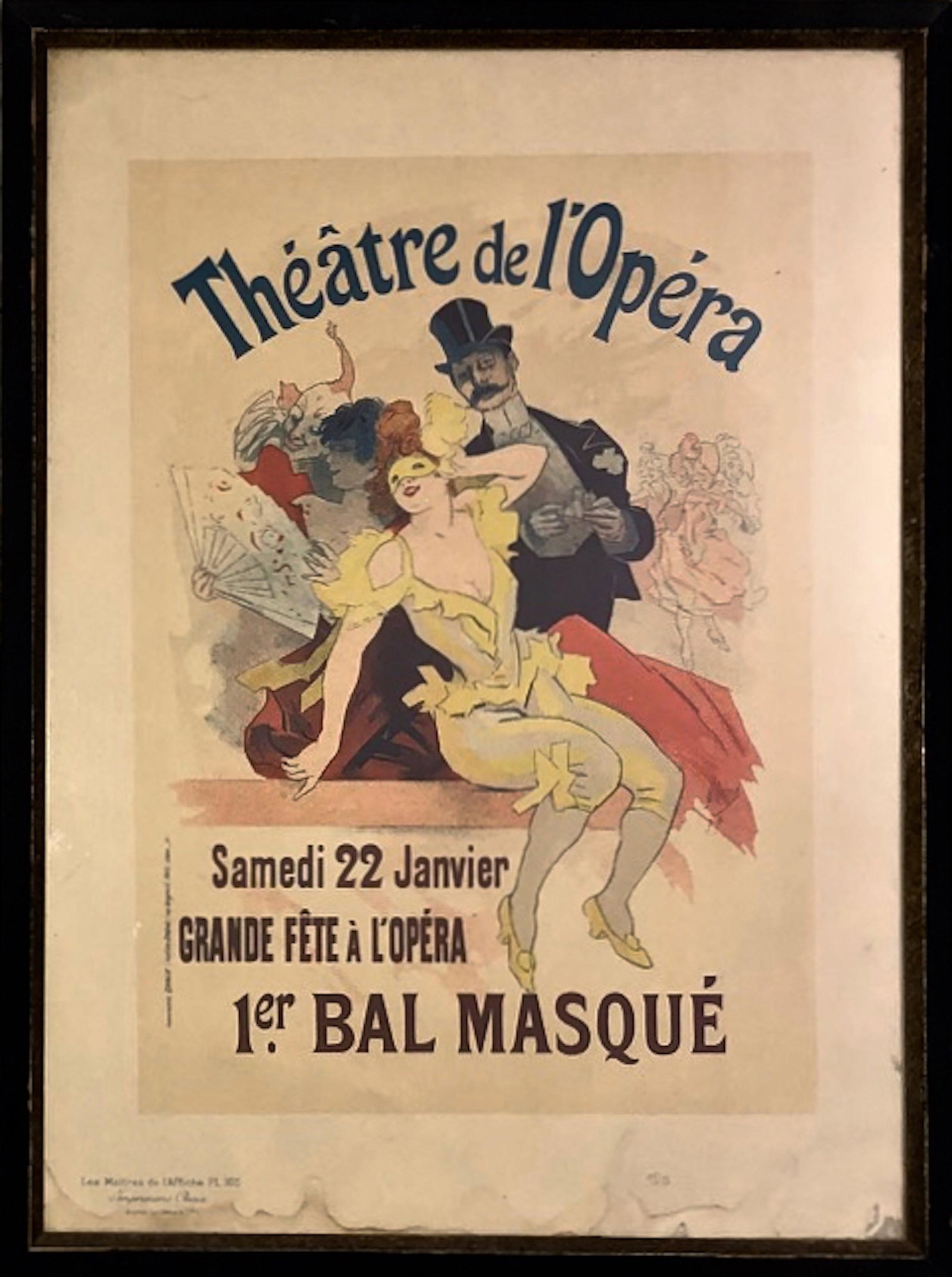 Theatre de l' Opera Bal Masque, Maitres de l' Affiche, Jules Cheret, 1897: Jules Cheret (French, 1896-1932). 19th century Imprimerie Chaix Maitres de l'Affiche advertising poster: Theater de Opera BAL MASQUE designed by Jules Cheret. Blind Stamp of Maitres de l'Affiche stamp