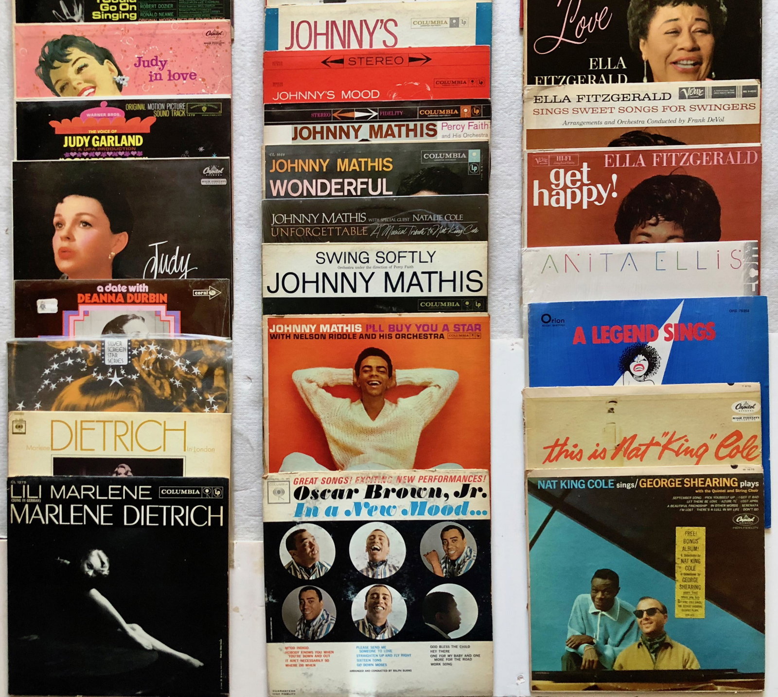JAZZ GREATS 33 RPM / LP Records W/ Illustrated Jackets (52): Vintage collection of iconic Jazz Singers. 52 Original vintage Jazz 33 RPM / LP, with the illustrated jackets. *Fred Astaire Story (1). *Pearl Bailey (2). *Shirley Bassey (2). *Oscar Brown Jr. (1). *N