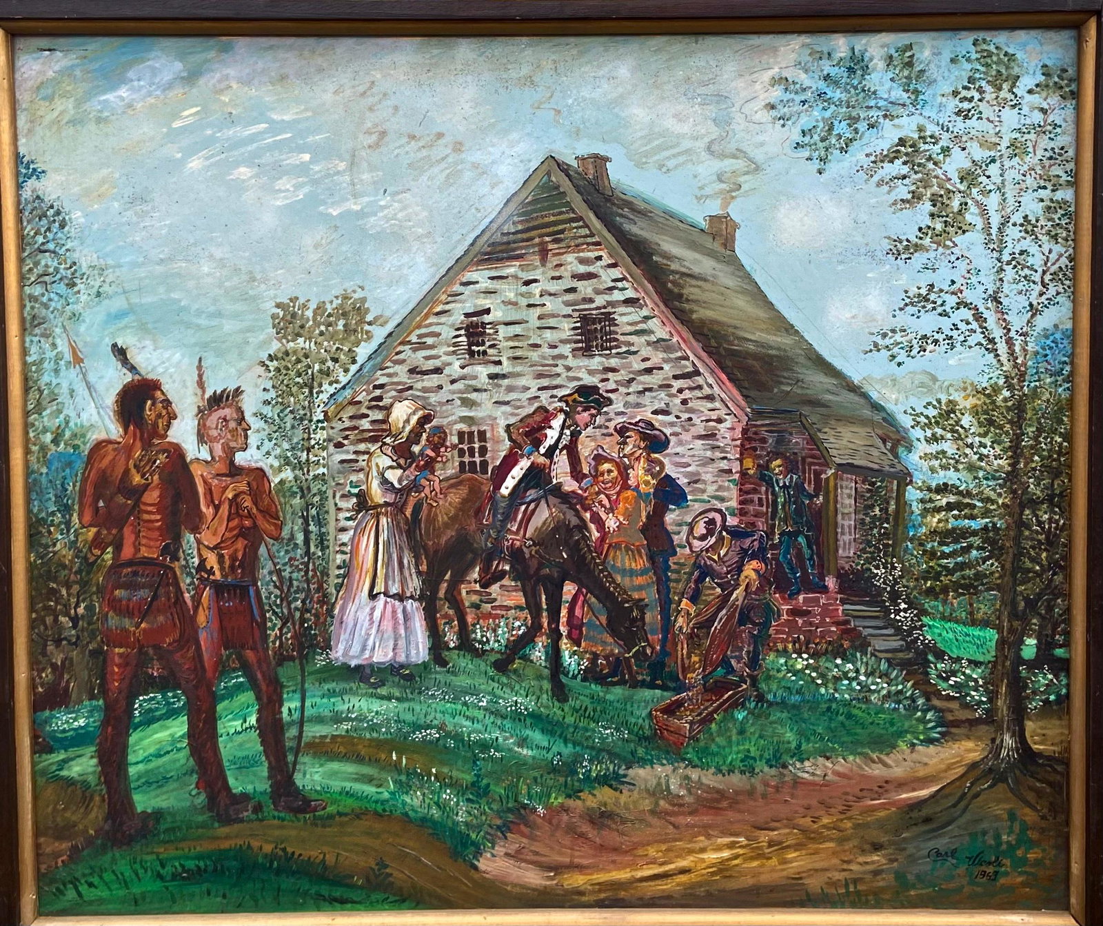 Folk Art Painting, Hasbrouk Stone House w/ Native Americans and The Huguenots , New Paltz, N.Y.: Colonists and Esopus Indians. American Hudson Valley folk art painting depicting the historic Abraham Hasbrouk stone house on Huguenot Street in New Paltz, N.Y. signed and dated by the artist, Carl Vi