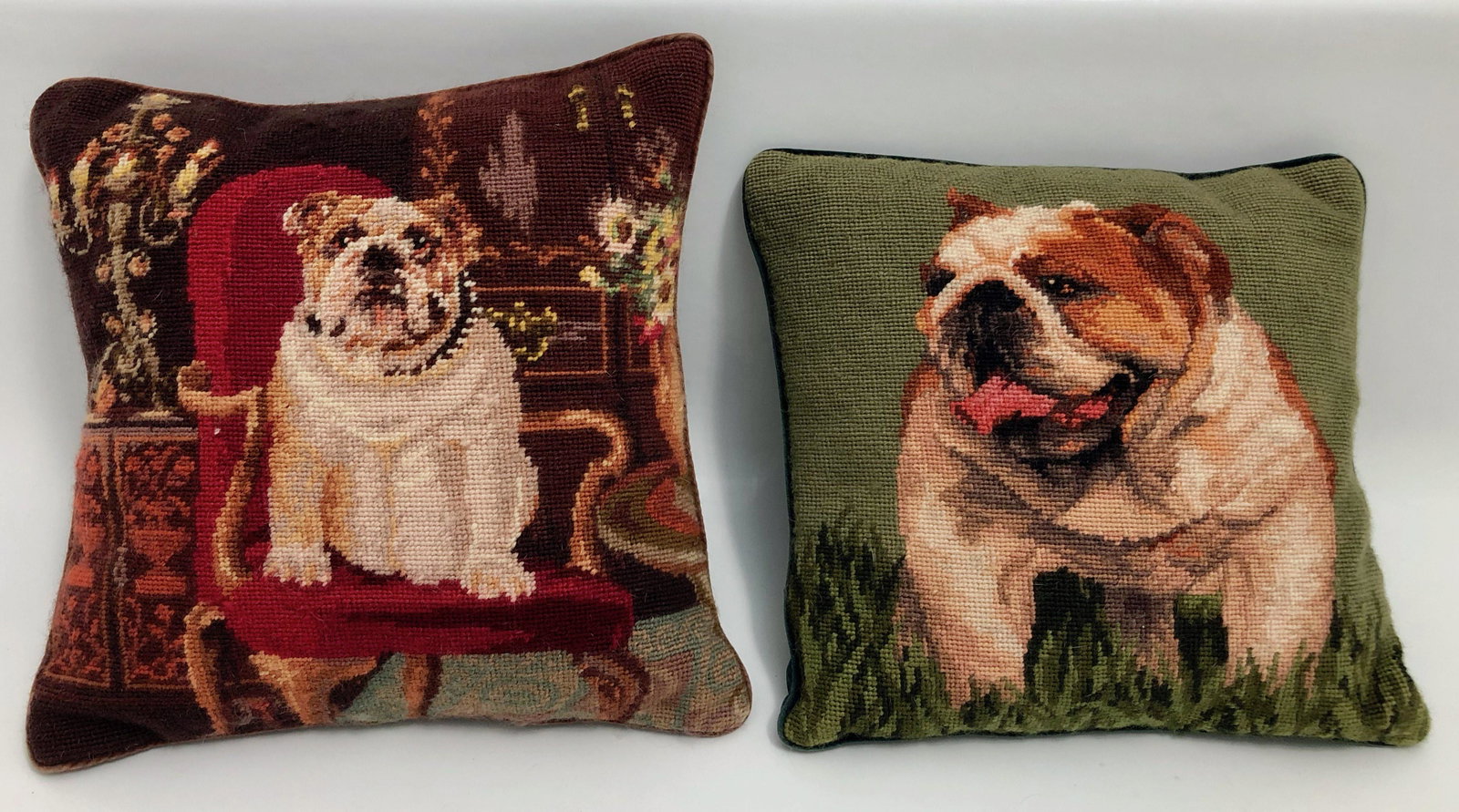 Vintage Pair of Handmade Needlepoint Pillows BULL DOGS: Vintage pair of handmade needlepoint wool Bull Dog throw pillows. Image of a Standing and Seated Bull Dogs. Dimensions: 13 inches x 13 inches. Condition: good original pre-owned vintage estate conditi