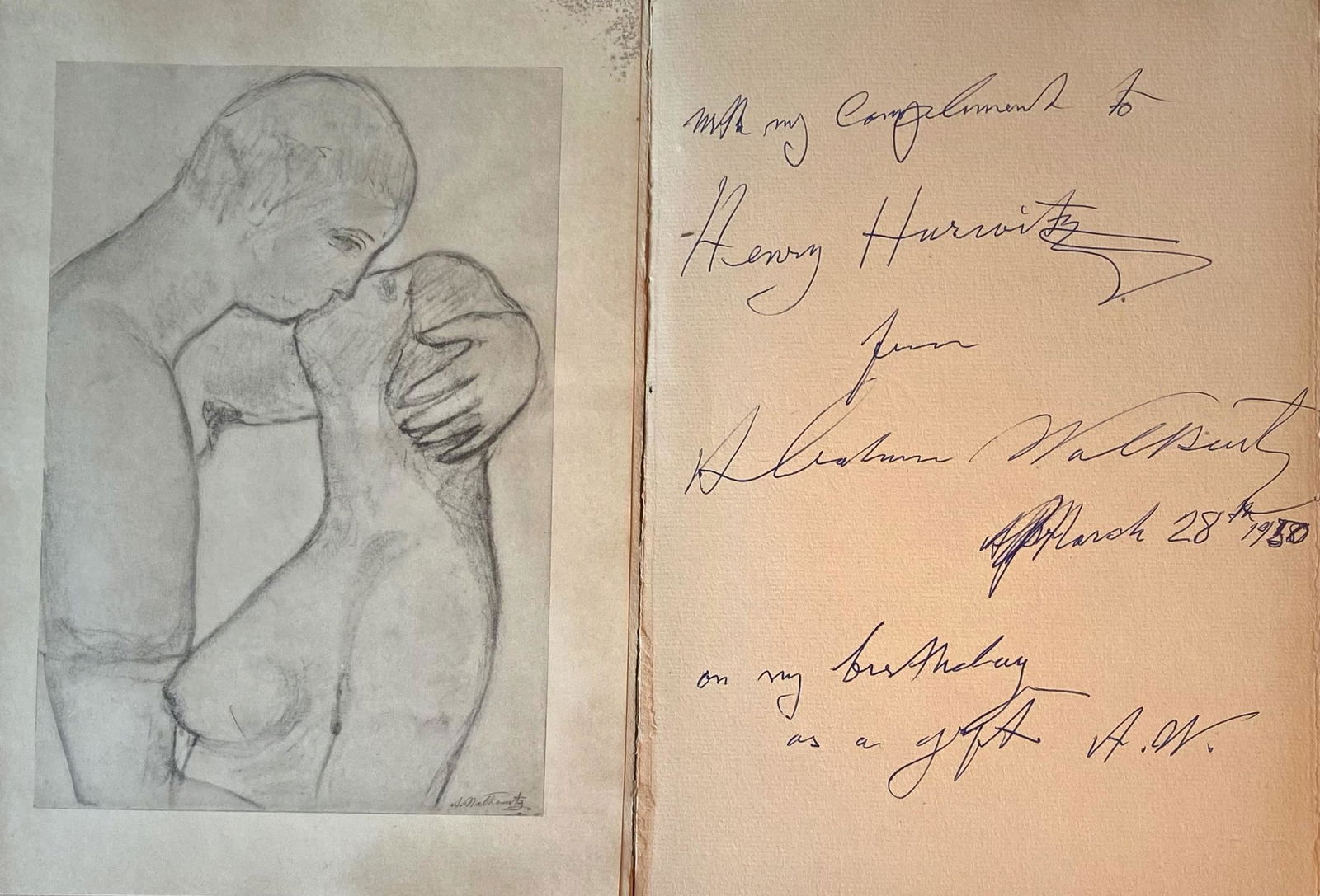 Abraham Walkowitz (Russian, American, 1878-1965) Inscribed Page Including Collotype Prints (6): Original handwritten page with six collotype prints of drawings inscribed by the artist, Abraham Walkowitz. Script ink inscribed: WITH MY COMPLIMENTS TO HENRY HURWITS FROM ABRAHAM WALKOWITZ, MARCH 28,