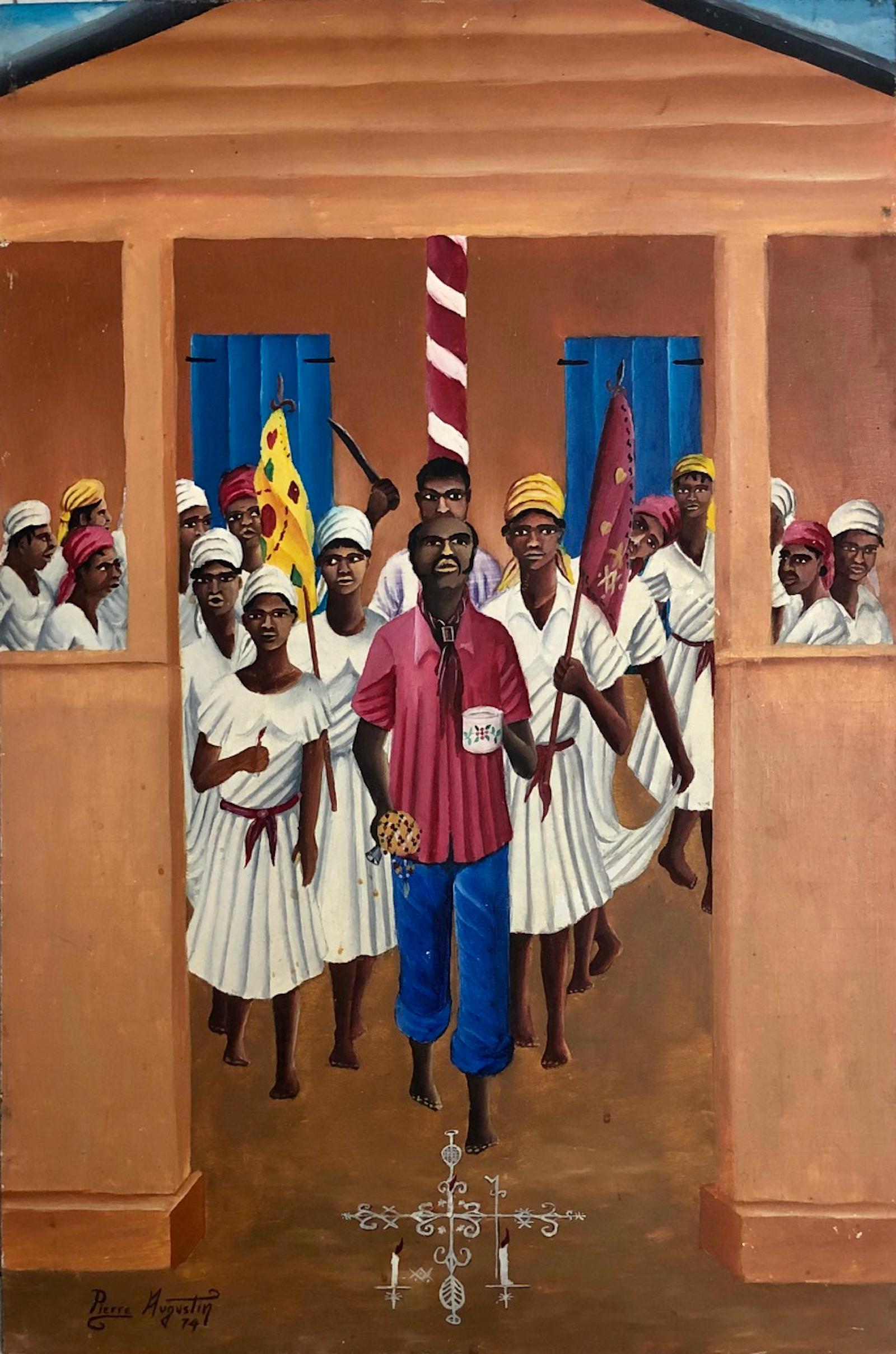 Pierre Augustin, Haitian Voodoo Spirit Oil Painting, 1974: Haitian Master Artist, Pierre Augustin (Haitian, b. 1953). Voodoo Ceremonial Folk Art Painting, signed By Pierre Augustin (view photo). Figural scene with ritual symbol of the Voudou Spirits: Voudou V