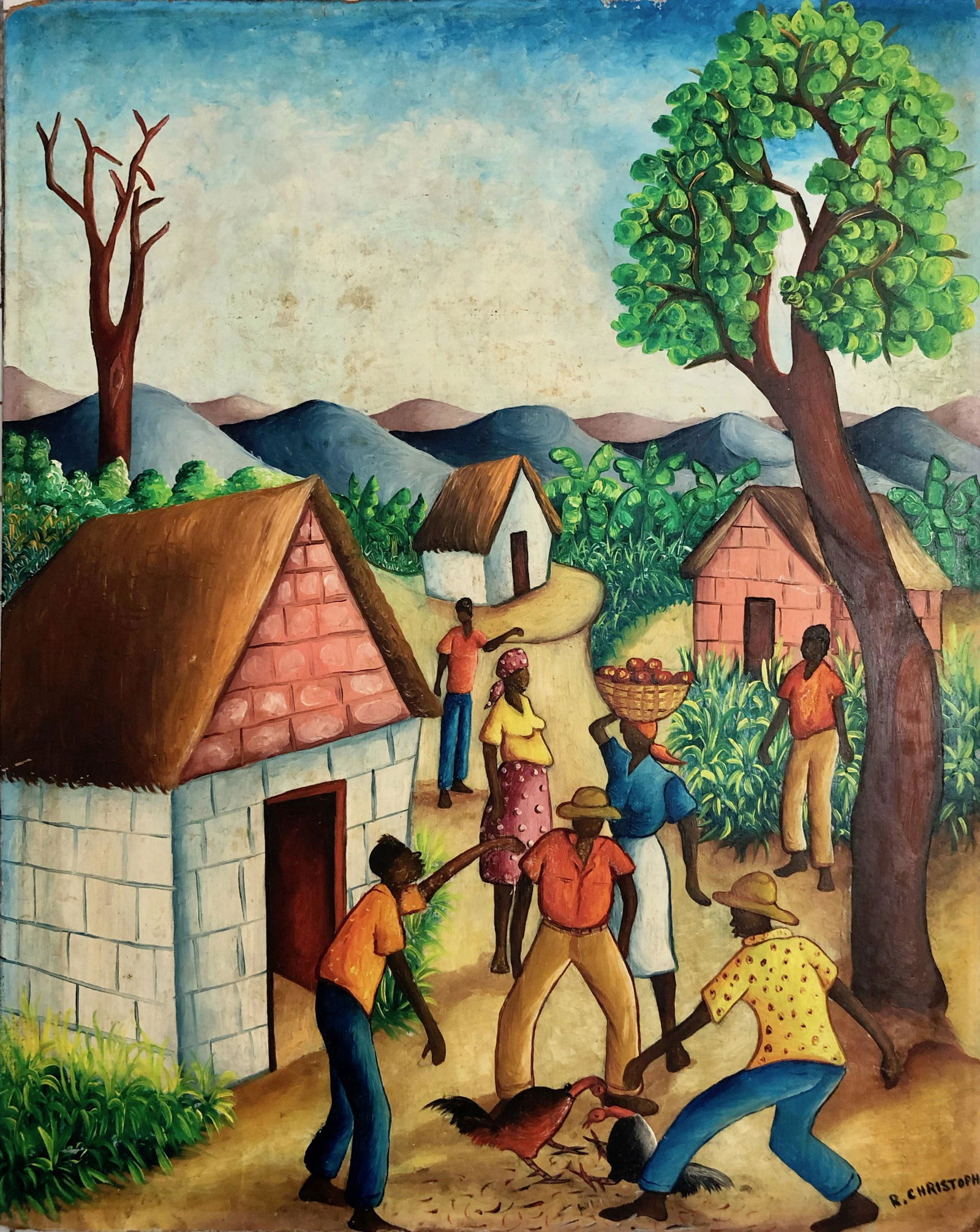 Haitian Folk Art Village Painting, R. Christophe c. 1960s (1 of 4)
