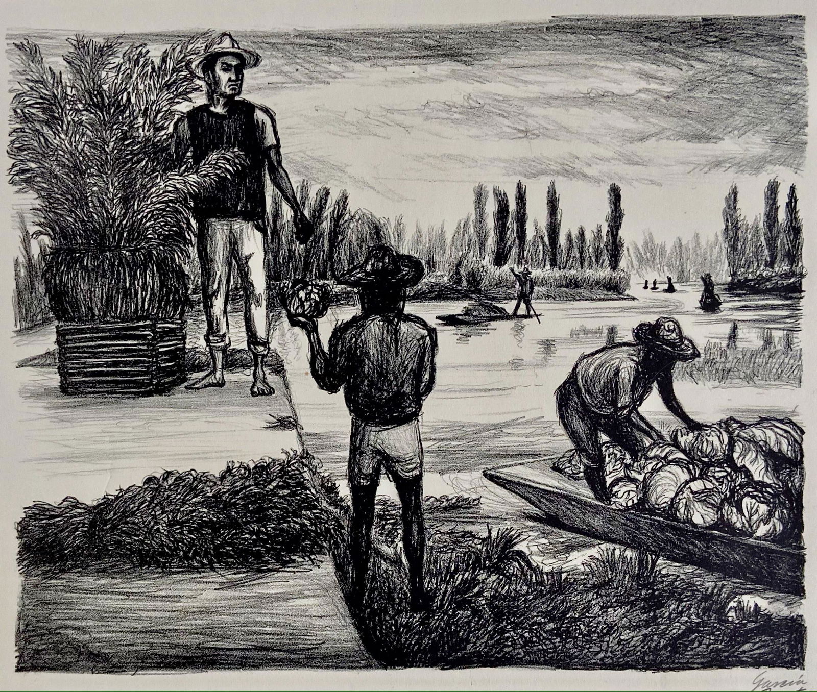 Arturo Garcia Bustos (Mexican, 1926-2017) PEASANTS OF TIAHUAC, Signed 1946 (1 of 3)