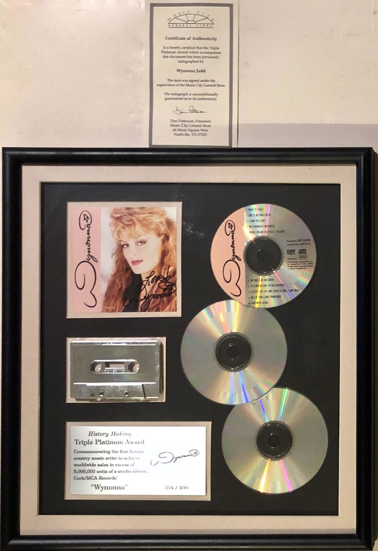 Country Music Singer WYNONNA Triple Platinum Award, Signed w/ COA (1 of 4)
