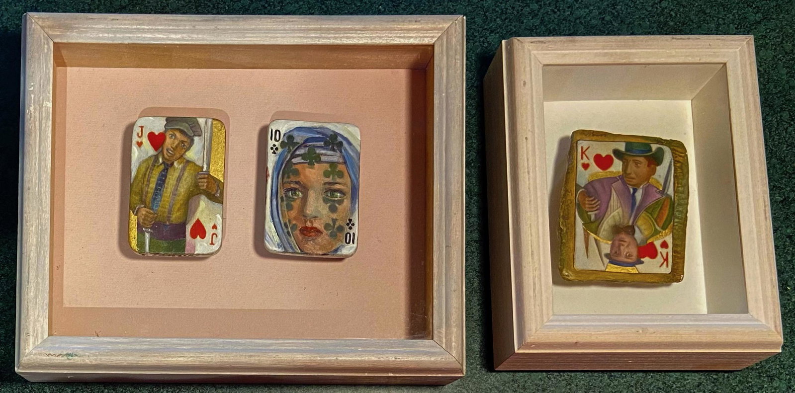 Miniature Modernist Oil Paintings PLAYING CARDS Tony Canger, 1999: Tony Canger (American, 20th Century). Miniature oil paintings on wood, signed, titled and dated by Tony Canger. Oil on wood with gold leaf. King of hearts signed and dated in gold leaf, Tony Canger, 1