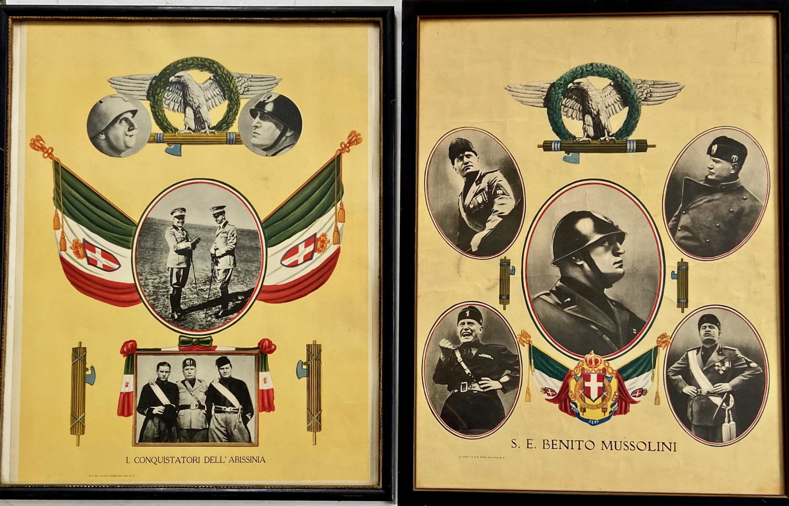 Benito Mussolini (1883-1945) Historic Military Propaganda Posters: Vintage pair of original military propaganda lithographic posters honoring Italian Fascist Dictator Benito Mussolini (il Duce). First poster: Five views of Il Duce in various poses and uniforms. Secon