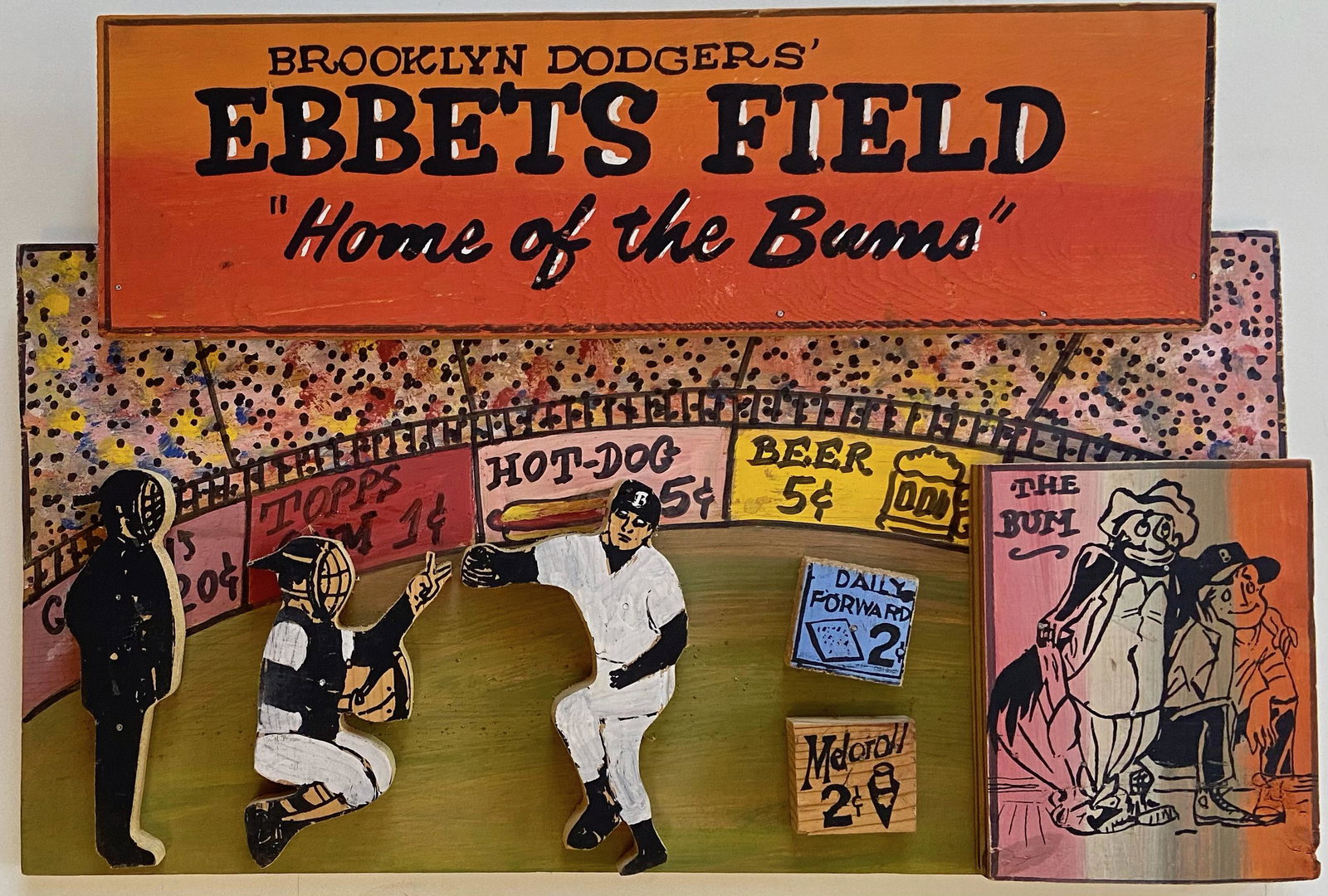 BROOKLYN DODGERS EBBETS FIELD Wood Relief HARRY GLAUBACH, 1996: BROOKLYN DODGERS EBBETS FIELD HOME OF THE BUMS. Harry Glaubach (American, 1925-2017). Original folk art 3D carved wood and painted assemblage, signed and dated on verso by the artist: HARRY VON GLAUBA