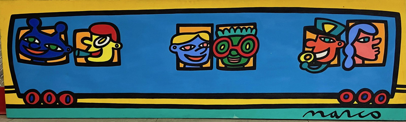 Urban Graffiti Pop Art Street Painting N.Y.C. TRAIN Peter Marco, 1990s: N.Y.C. TRAIN. Pop Art Graffiti Street Painting TRAIN RIDE. Signed By The Artist: (Peter) Marco (American, 20th century). Acrylic painting on canvas. Dimensions: canvas: 24 in. x 80 in. Condition: good