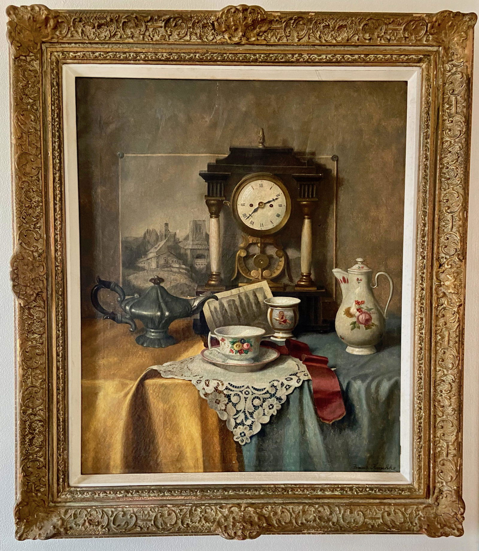 Franz Krischke (Austrian, 1885-1960) Still Life Painting w/ Clock, 1920s (1 of 5)