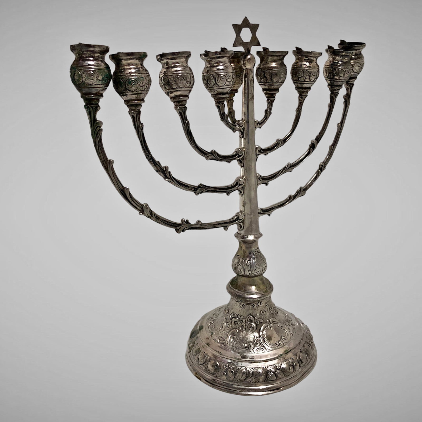 Antique Judaica  Silver Hanukkah Oil Lamp Menorah W/ Magen David (1 of 7)