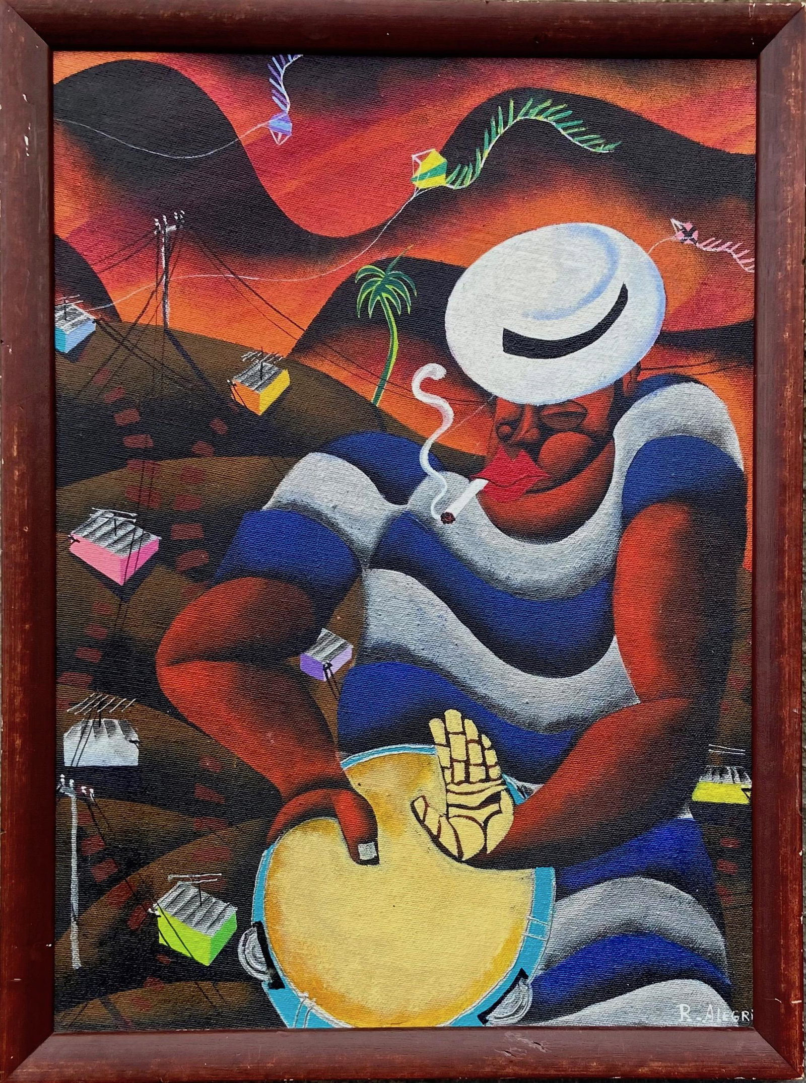 Mid-Century Cuban Island Painting Signed R. Alegri: ISLAND DRUMMER. R. Alegri (Cuban, 20th Century). Cuban painting signed by the artist, R. Alegri. Circa 1960s. Acrylic on canvas. Dimensions: framed: 18 1/2 in. x 13 3/4 in., canvas: 16 3/4 in. x 12 in