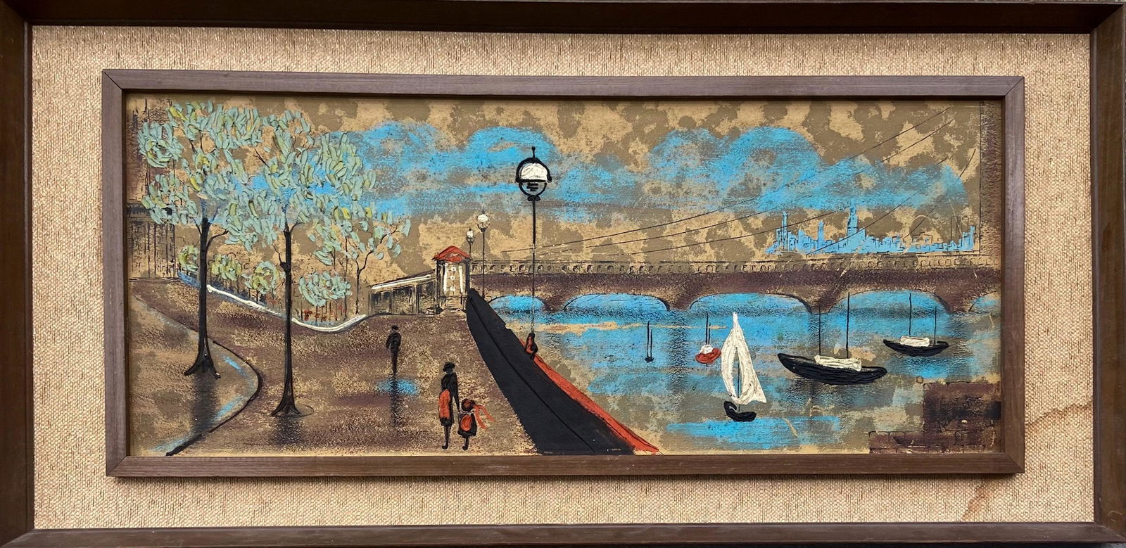 Mid-Century Modern Cityscape River Promenade Painting, Signed (1 of 3)