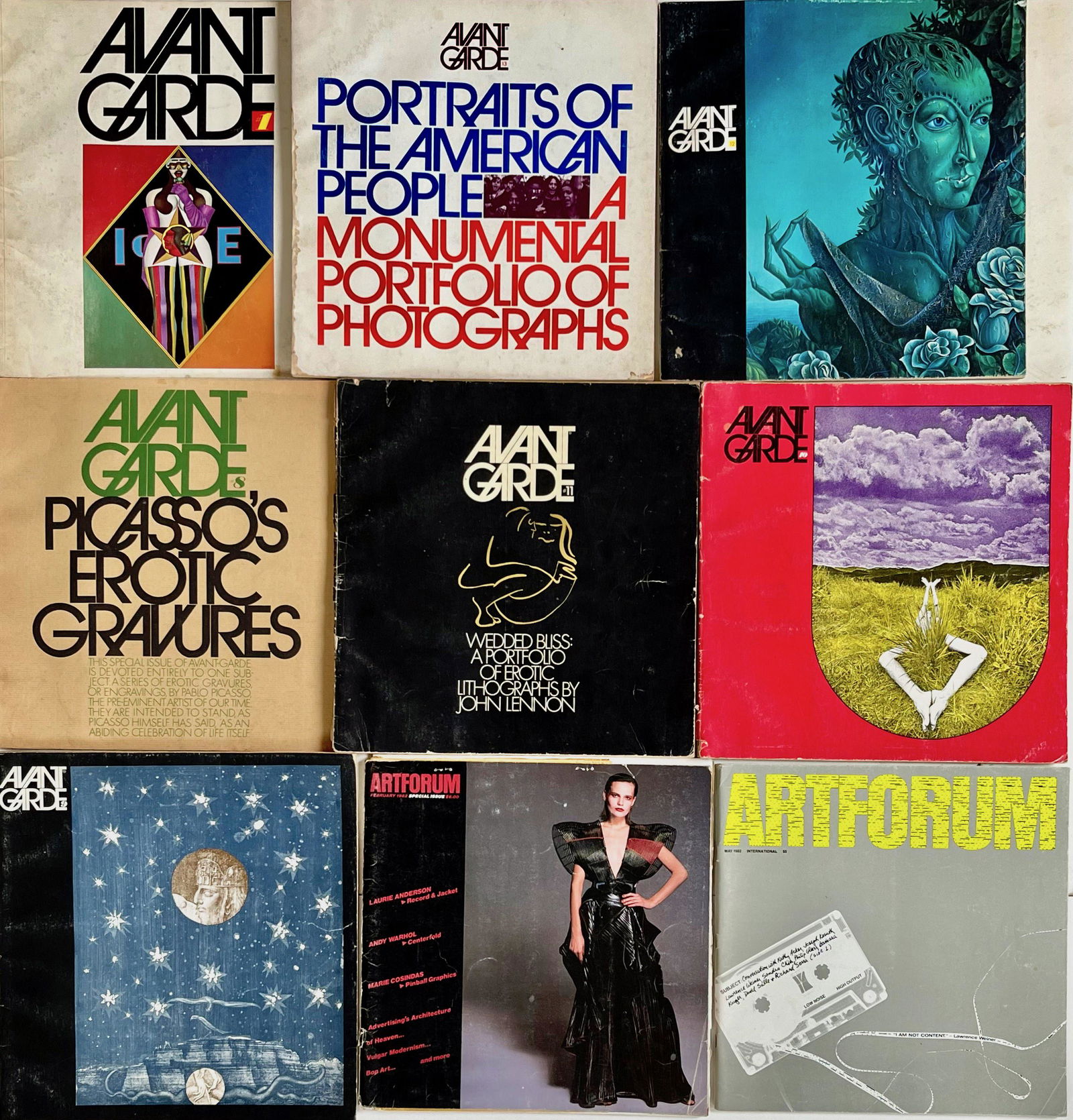 Original Mid-Century Avant Garde and Forum Magazines (9): John Lennon, Picasso, Richard Linder etc. Collection of nine original vintage Avant Garde Magazines, including Picasso's Gravures, and John Lennon's Erotic Lithographs. Condition: good original pre-ow