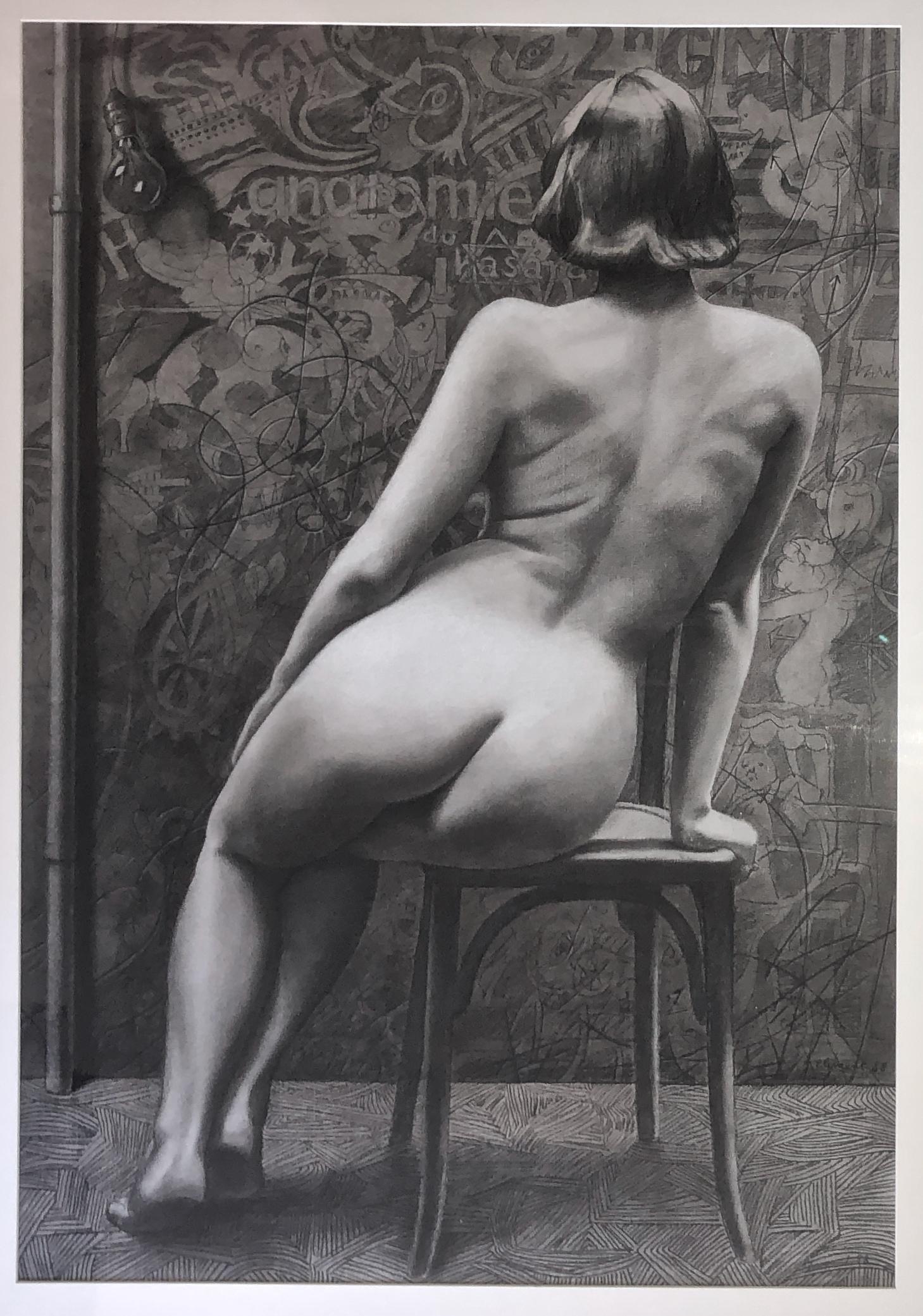 Serge Clement (French, b.1933) FOLIES BERGERE SEATED NUDE, 1988: ANATOMIE DU HASARD - ANATOMY BY CHANCE. Backstage at the FOLIES BERGERE. SERGE CLEMENT original charcoal and graphite drawing, signed twice and dated, 1988. Background is replete with fabulous surreal