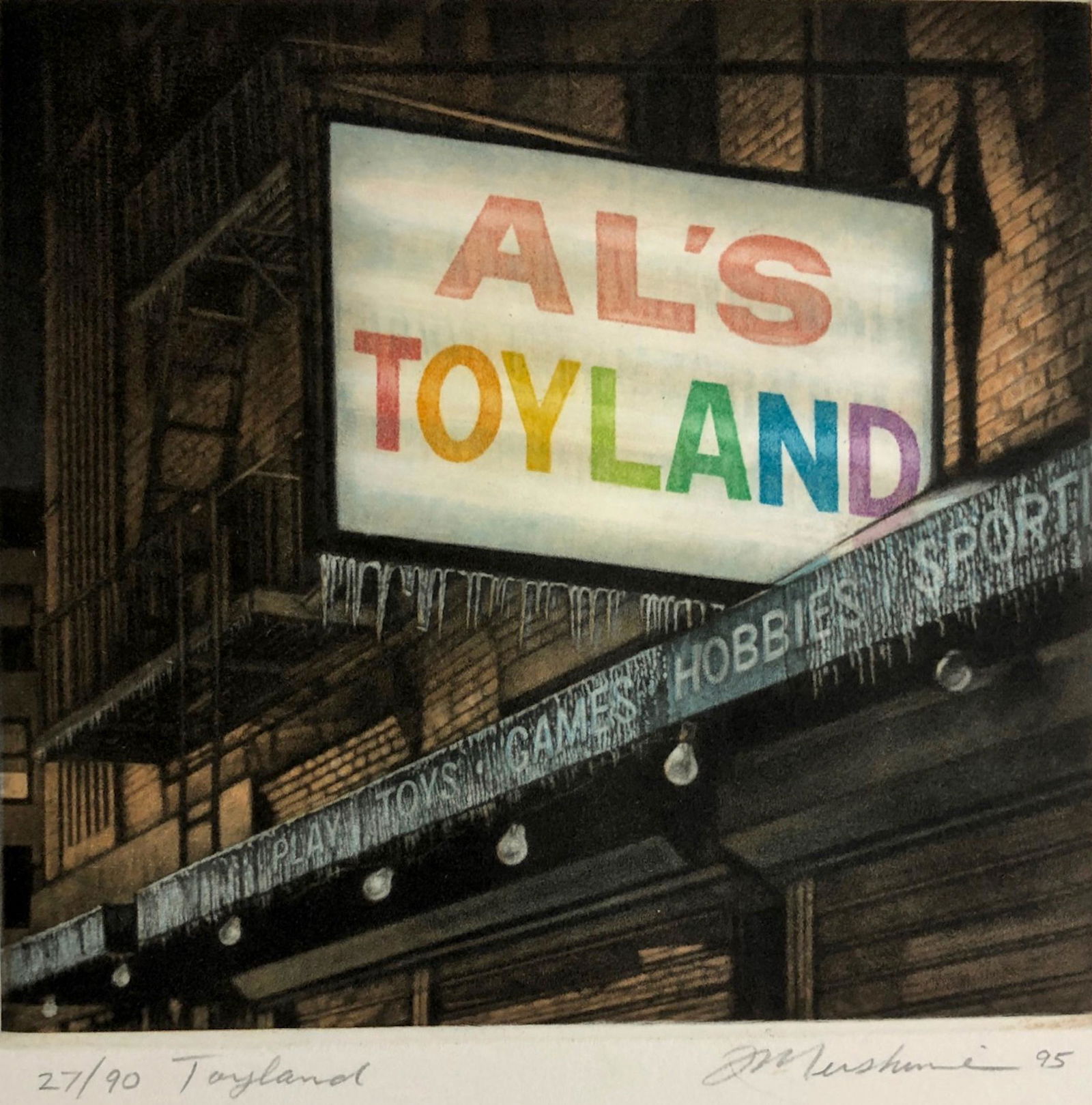 Frederick Mershimer, Mezzotint TOYLAND, N.Y.C. 1995: Frederick Mershimer (American, b.1958). Title: TOYLAND, N.Y.C. 1995. Color Mezzotint on wove paper. Pencil Signed, Titled, Dated & edition numbered along lower margins. MERSHIMER. TOYLAND. 1995. Editi