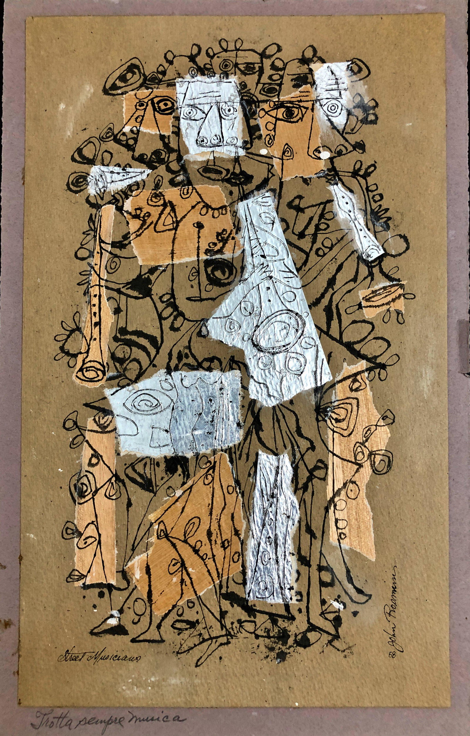 John Rosmini (American, 1906-1996) Cubist Collage, 1958: STREET MUSICIANS. Mid-Century cubist abstract mixed media collage painting, signed, titled and dated by the artist. STREET MUSICIANS John Rosmini, 1958. Ink, watercolor and silver foil on brown hard s