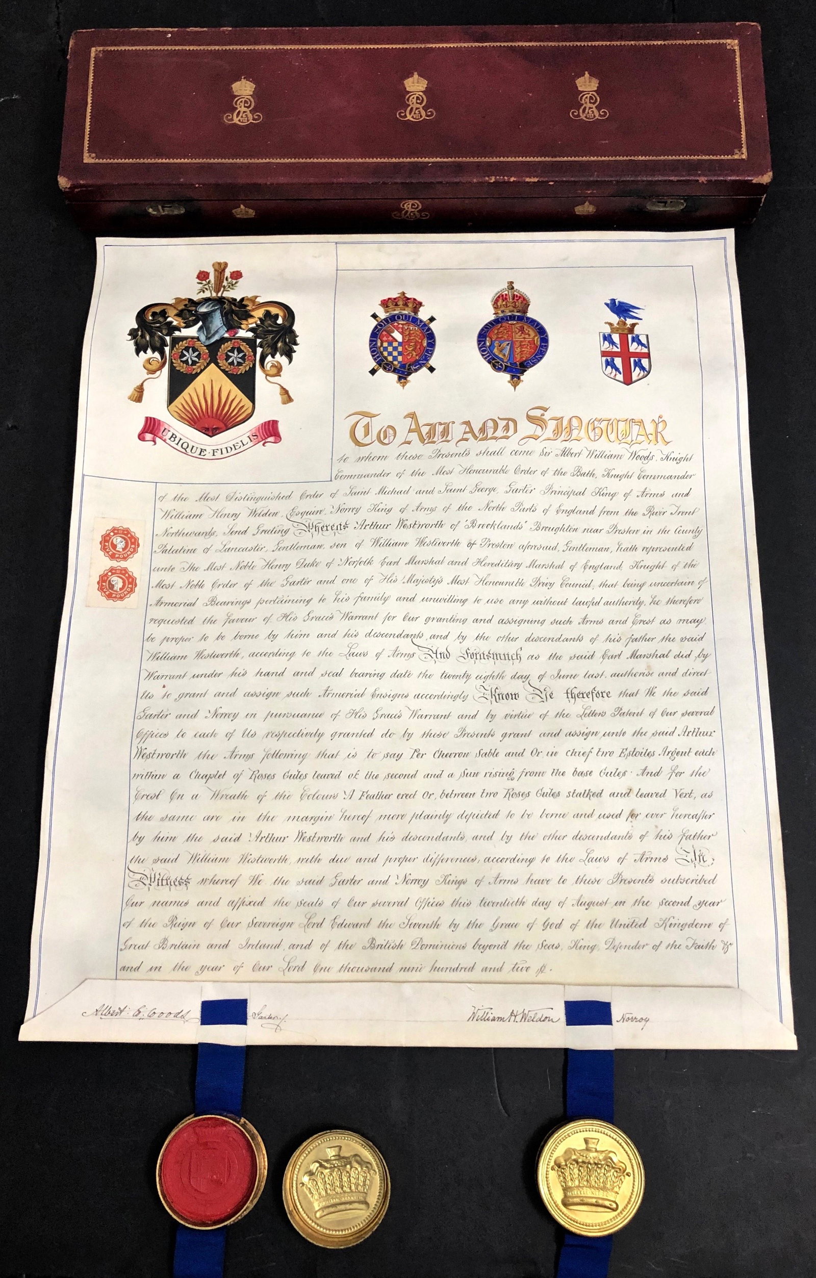 H.M. King Edward VII Illuminated Manuscript, England, 1902: British Royal Document. King Edward VII Royal Presentation Grant of Arms for Arthur Westworth of Brooklands, Broughton, England, 1902. Hand-written Royal manuscript on vellum signed and dated, 1902. T