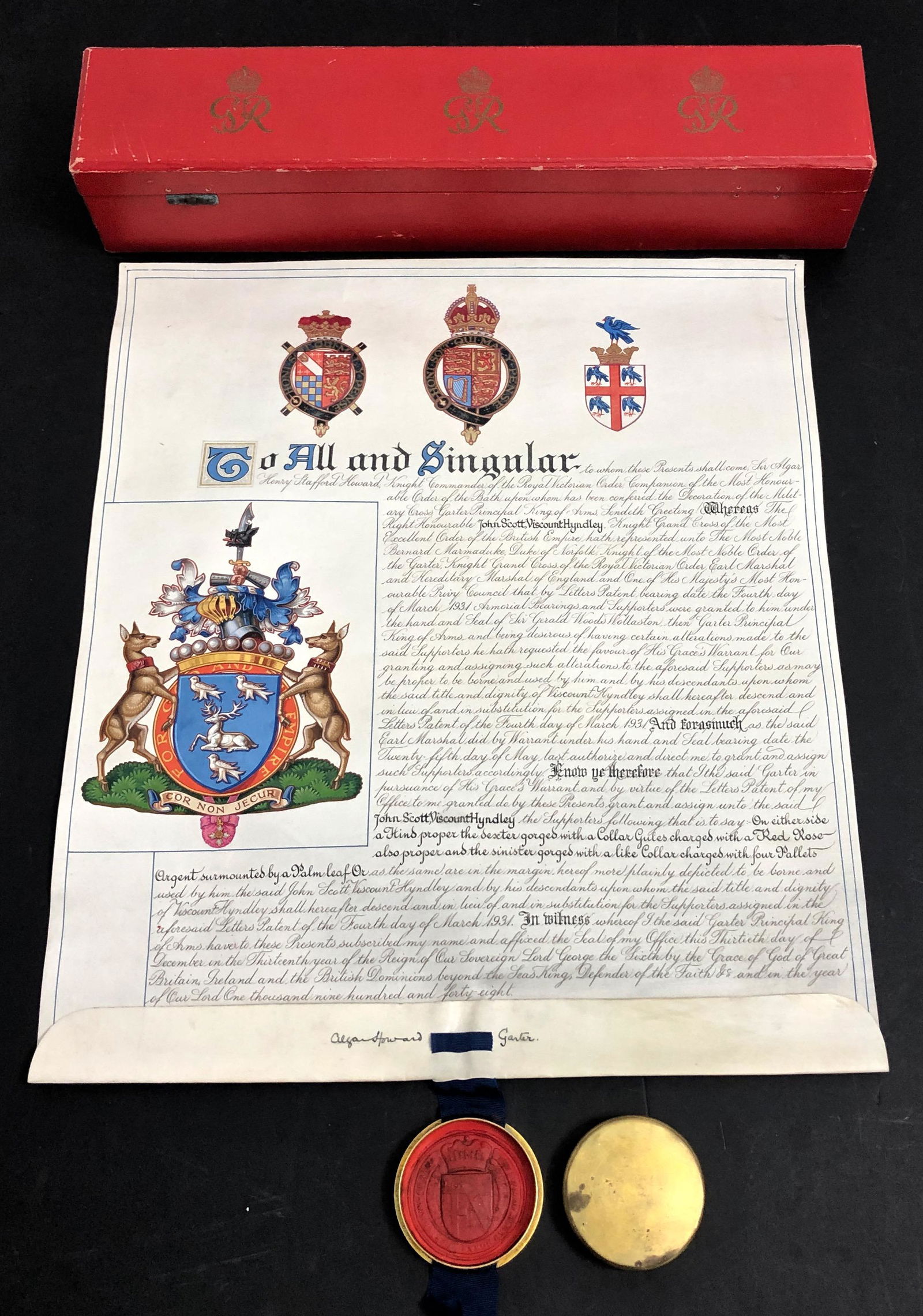 H.M. King George VI Royal Illuminated Scroll, 1948: British Royal Document. King George VI Illuminated scroll appointing New Arms to John Scott Hindley, Viscount Hyndley of Meads, dated 1948. Hand-Painted Scroll with Colour on Parchment with Garter Kin