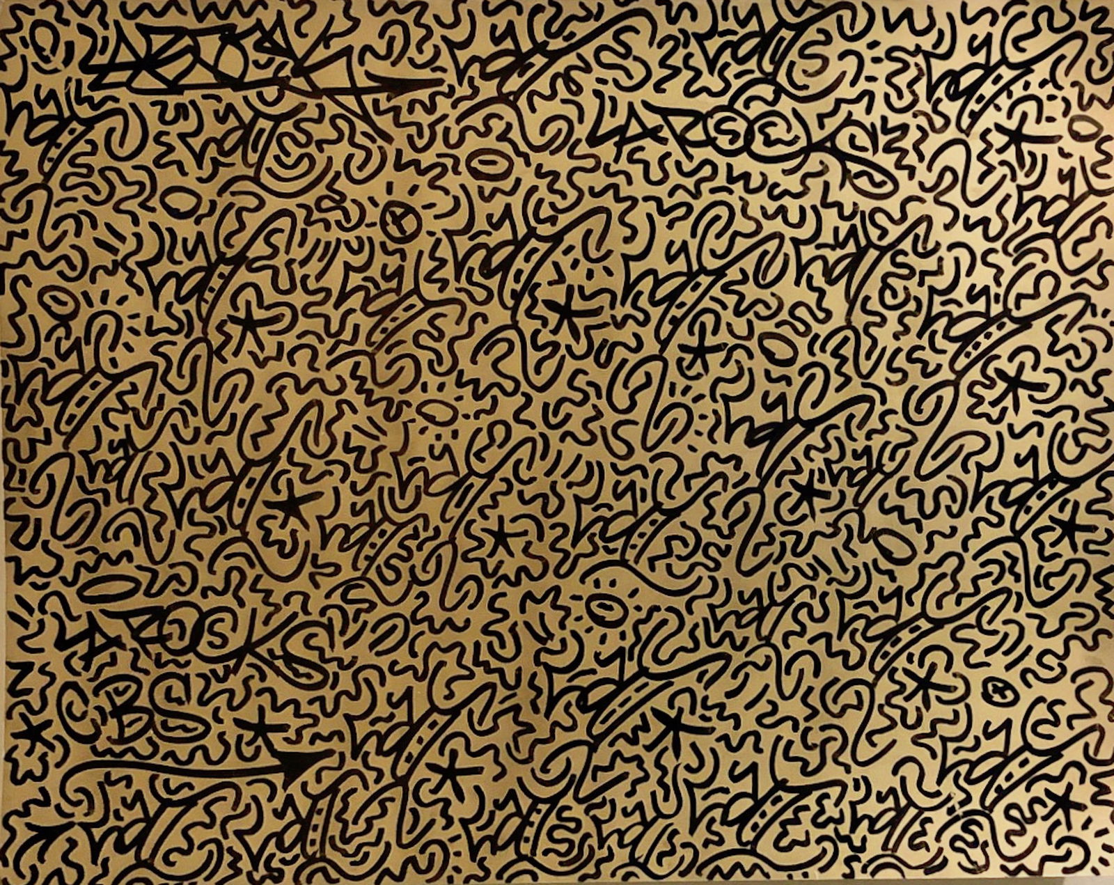 LAIi (Angel Ortiz) Urban Graffiti Painting LAROCKS: LAROCKS CBS (CANT BE STOPPED). Original LAII graffiti painting tagged throughout. Black paint marker on metallic gold hard stock paper board. Dimensions: 22 in. x 28 in. Condition: good original era e