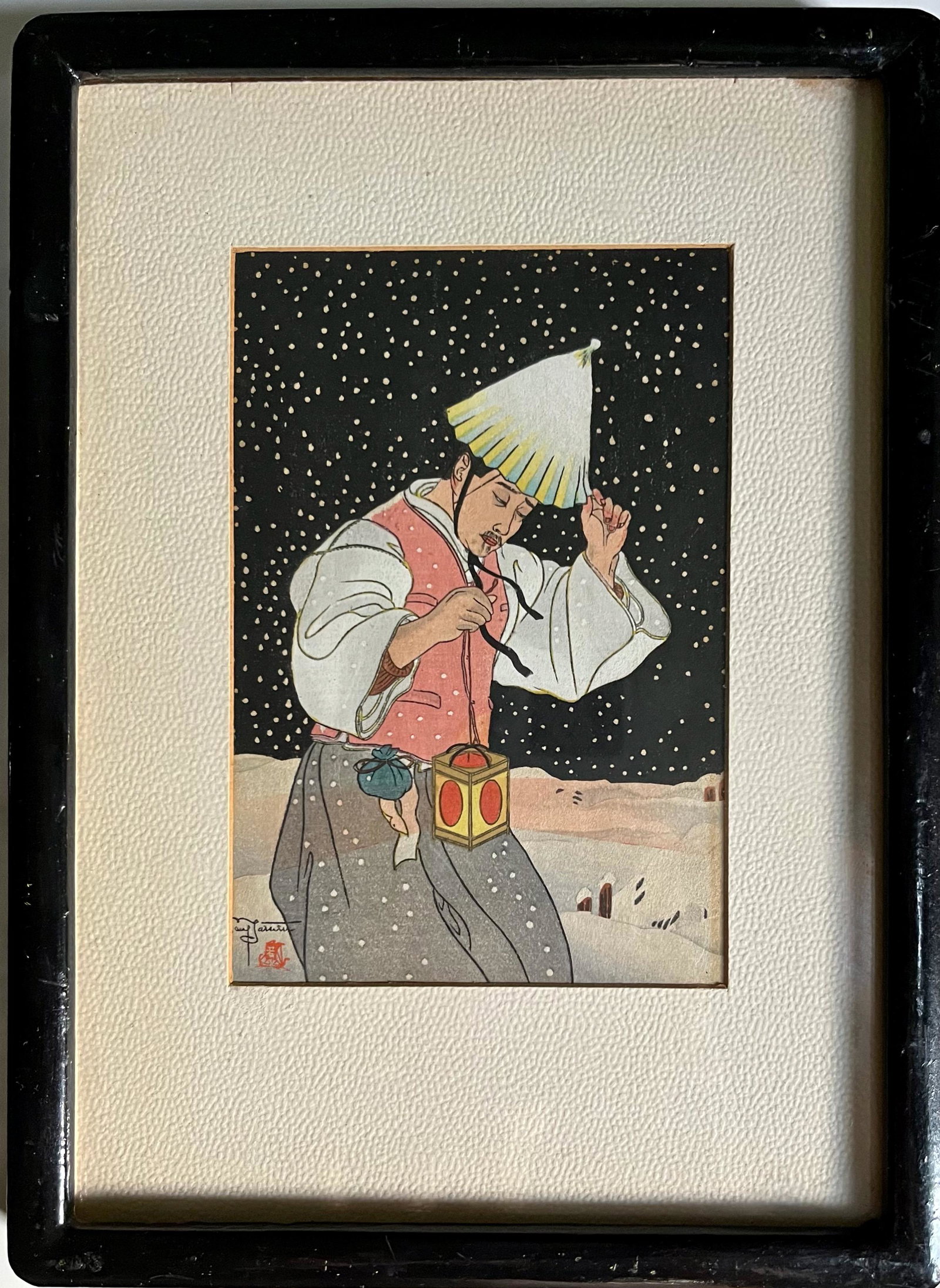 Paul Jacoulet (Japanese, 1896-1960) Nuit de Neige Coree, 1939: Snowy Night Korea. Original Surimono Woodblock Print NUIT DE NEIGE COREE by Paul Jacoulet. Signed in plate block underneath Paul Jacoulet's seal. Printed title and Jacoulet's name below the woodblock.