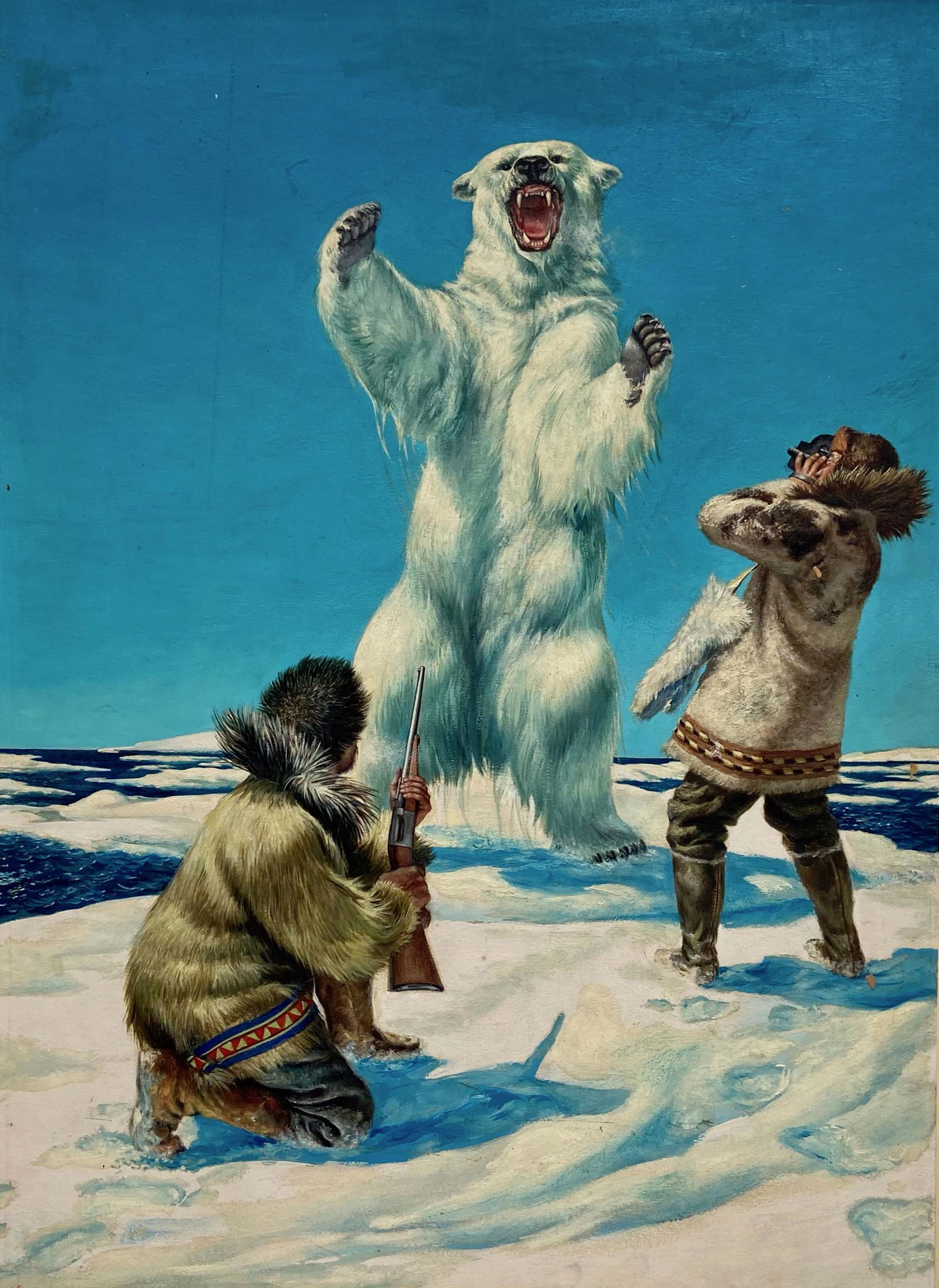 ARGOSY Pulp Magazine Painting Illustrated By Robert Doares, 1950s: POLAR BEAR ATTACK. ARGOSY Pulp Magazine, Original Published Illustration Painting by Artist ROBERT DOARES, 1950s. Robert Doares (American (1911-2005). Publication ARGOSY pencil annotated date: April 2