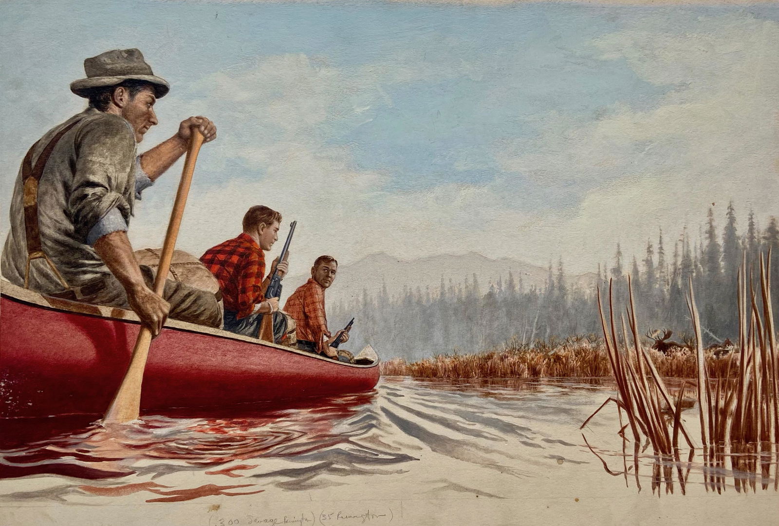 Robert Doares Illustration Painting For Pulp Magazine ADVENTURE, July 1951: MOOSE HUNTERS. Illustrator Robert Doares (American, 1911-2006). Original published illustration painting for the Pulp Magazine ADVENTURE by the artist, Robert Doares. Oil on illustration board. Pencil