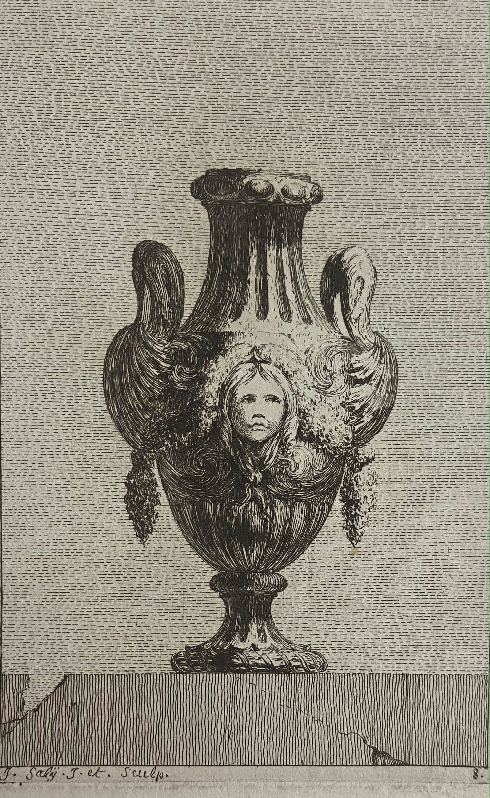 Jacques Francois-Joseph Saly (French, 1717-1776) Suite of Vases, 1746: SUITE OF VASES,1746. Five etchings from Suite of Vases by Jacques Francois Saly. Plate 3 Plate 8 Plate 22 Plate 26 Plate 31 Dimensions: 12 in. x 10 in. Condition: good overall original estate conditio