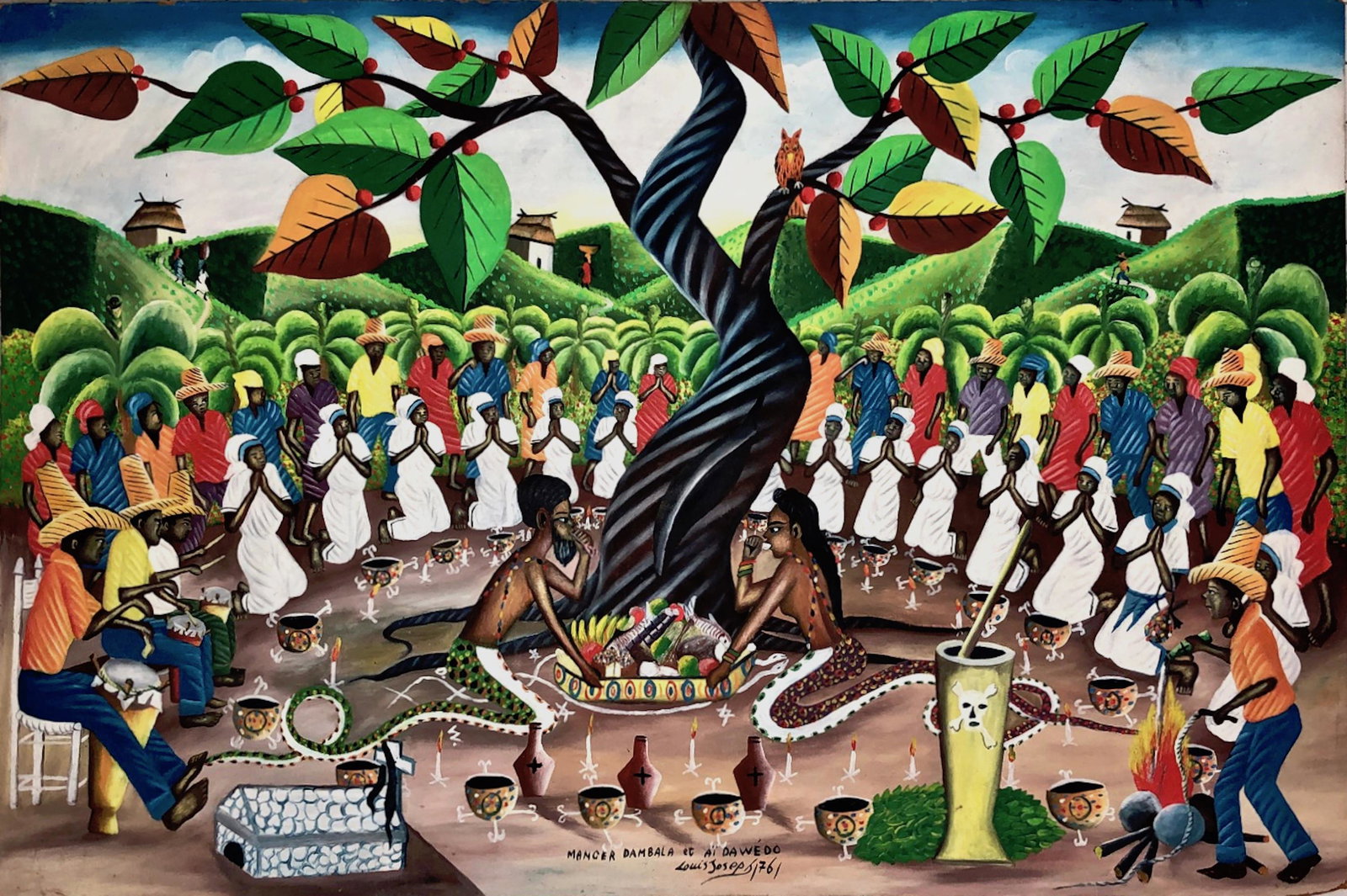 Louis Joseph (Haitian, 1932-2007) Haitian VODOU DAMBALLA Ceremony Painting: Serpent Deity Ceremony. Haitian Master Painter Louis Joseph (1932-2007). DAMBALLAA Voodoo Ritual Ceremonial Painting, signed by the artist, Louis Joseph. Oil on masonite. Dimensions: 24 in. x 36 in. C