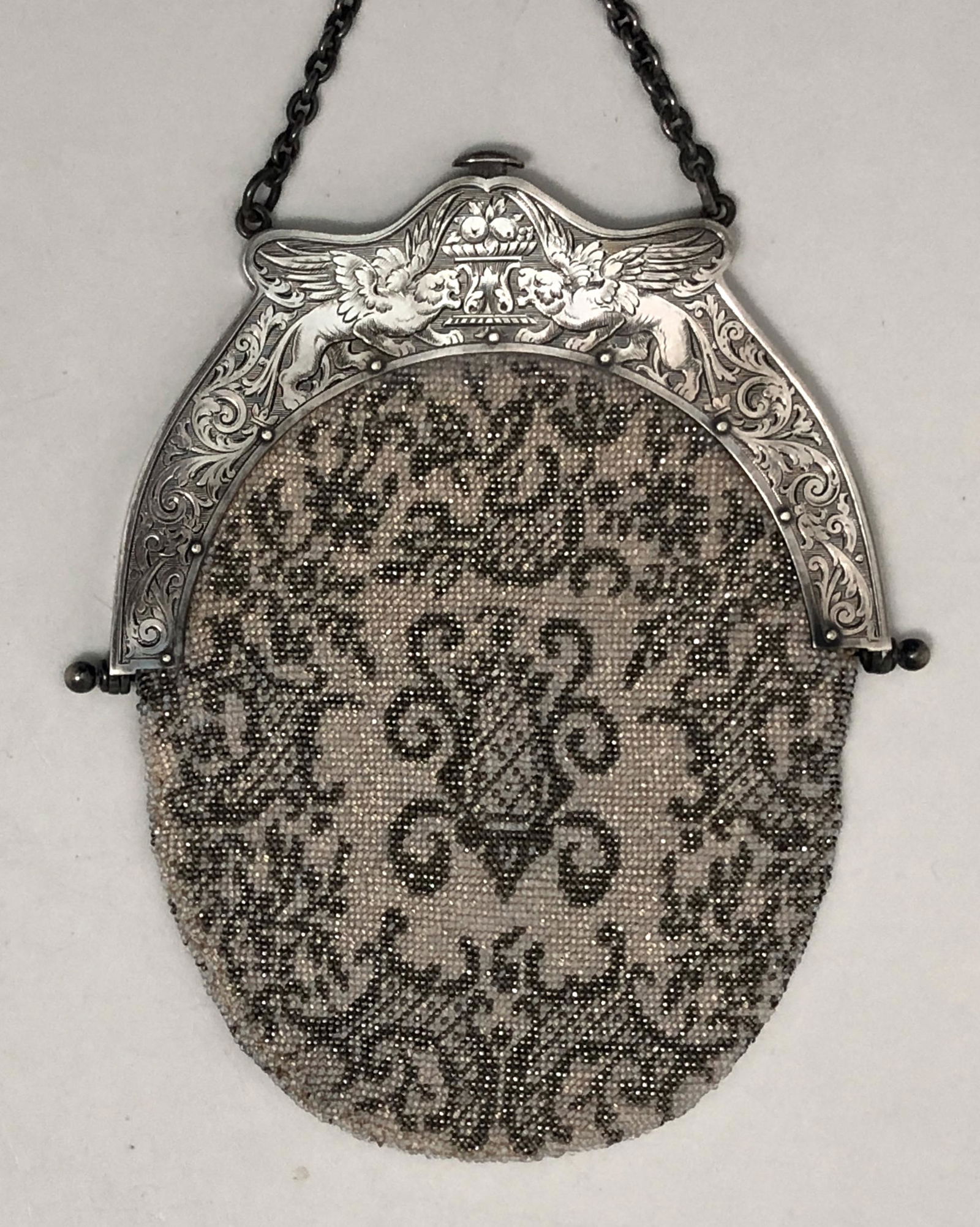 Victorian Sterling Silver Micro Beaded Purse With Griffins & Attached Belt Clip (1 of 9)