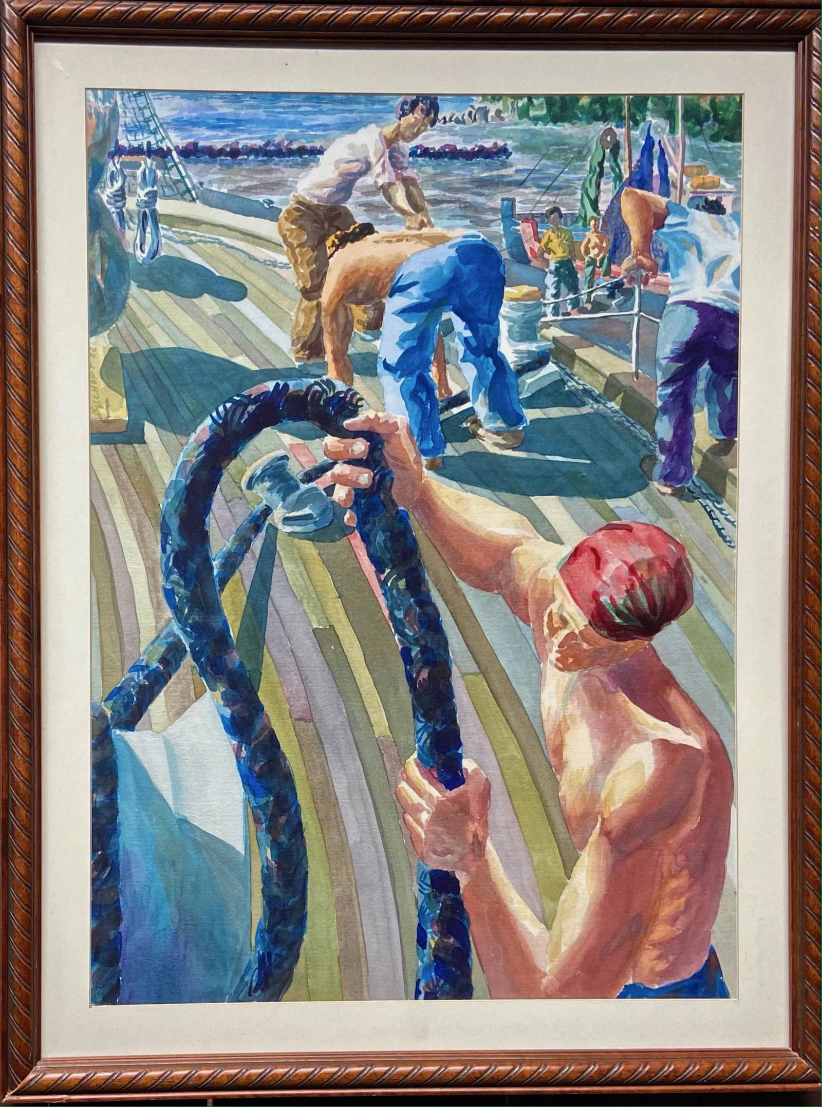 California School Watercolor WHARF WITH DOCK WORKERS, Signed: Bischoff, 1952: Attributed to Elmer Nelson Bischoff (American,1916-1991). California school watercolor signed and dated, Bischoff, 1952 (signed on left side). Scene of dock workers on wharf. Watercolor on paper. Addi