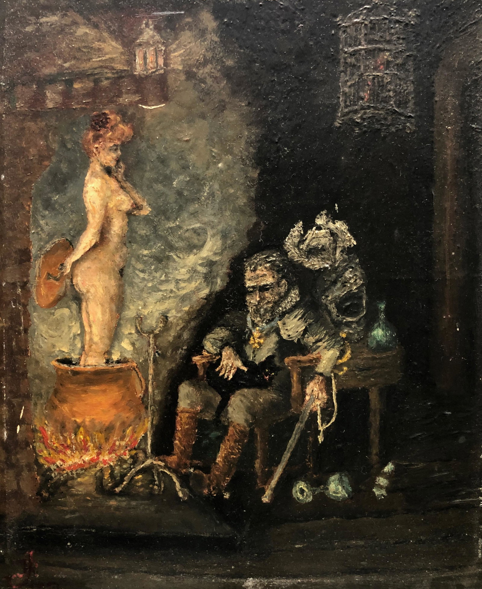 19th C. Surreal Fantasy THE WITCHES BREW Oil Painting, Signed: Flaming Cauldron Of Seduction. Surreal fantasy painting of a bewitching seduction, monogrammed by the artist, C.J.K. and dated (view lower left corner). Circa 1880s. Interior scene of an elderly soldi