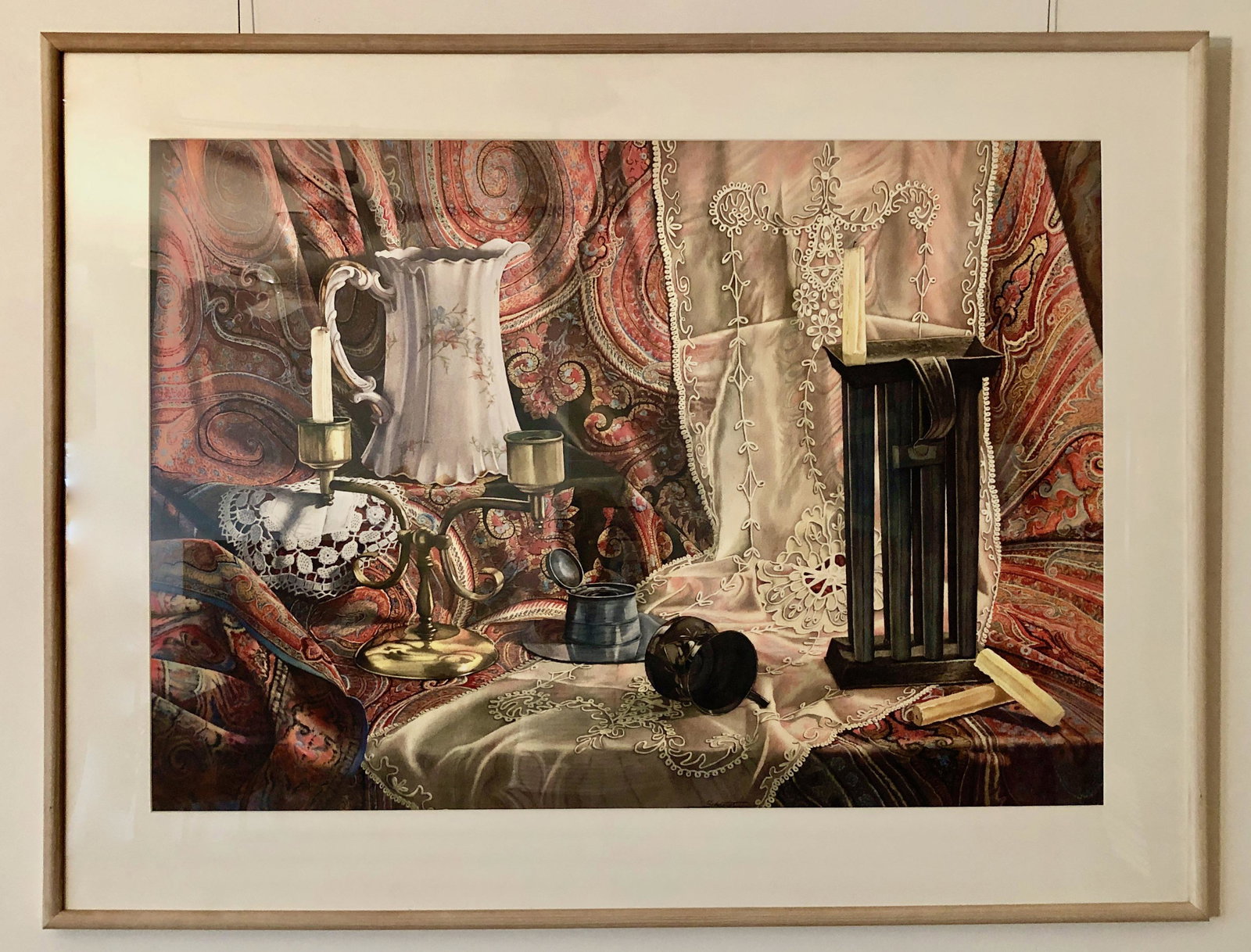 Still Life LACE With CANDELABRA, Myra Schuetter, 1988: MARGARETS PAISLEYS. Myra Schuetter (American, Indiana 20th Century). Still life watercolor, signed and dated by the artist, Myra Schuetter, 1988. Watercolor on paper. Professionally framed and matted 