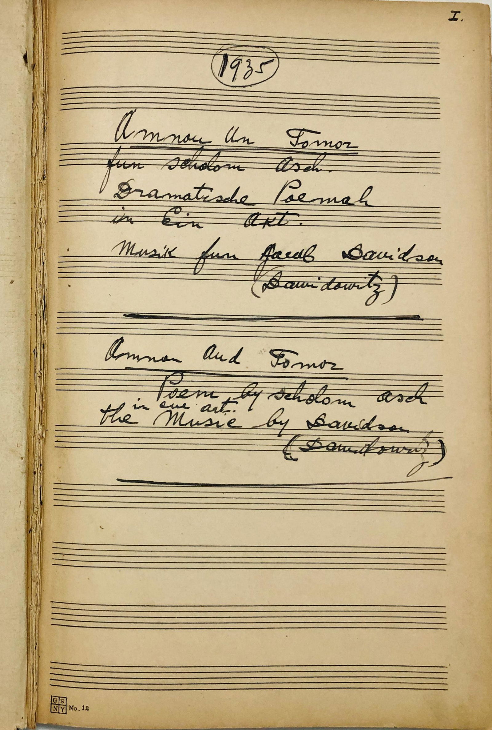 Original Hand-Written Poem & Music Manuscript, AMNON and TAMAR, 1935 (1 of 8)