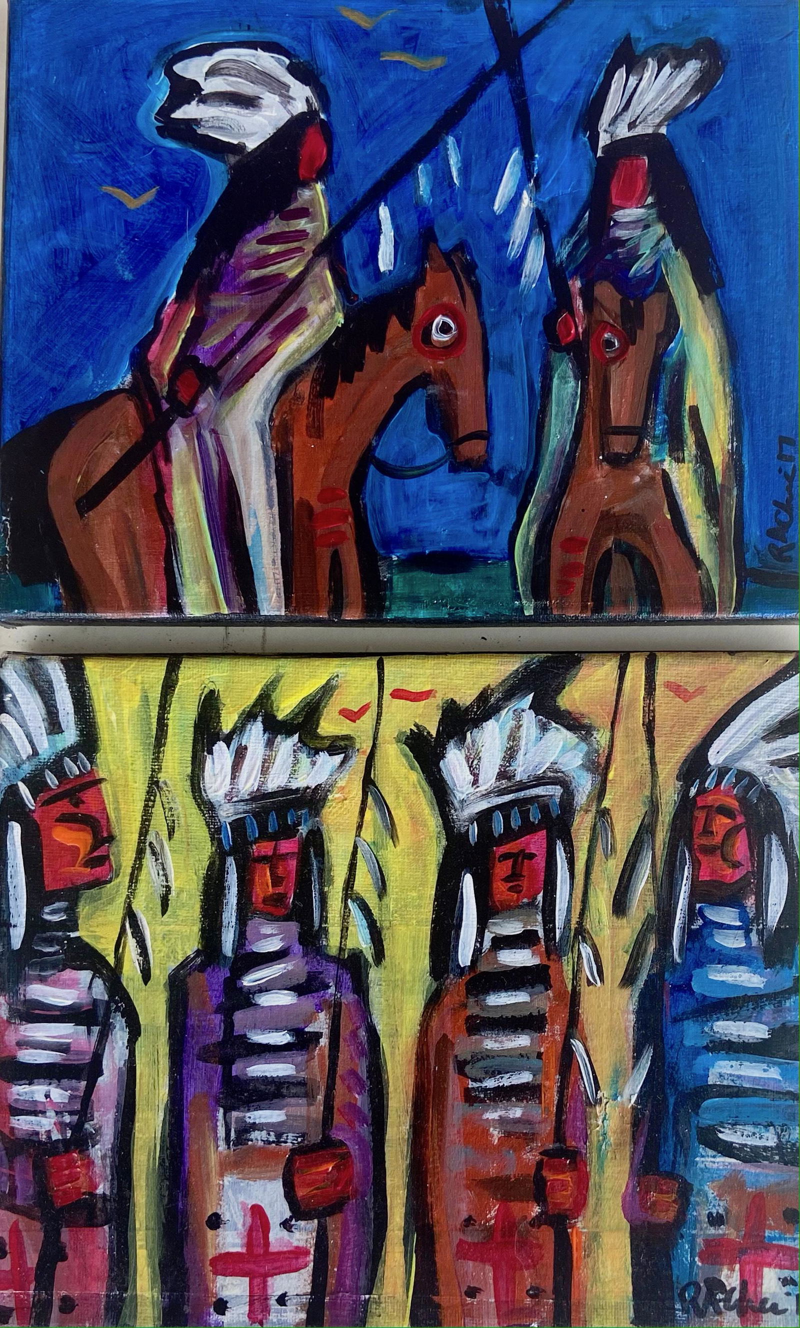 Native American Folk Art Tribal Paintings, Signed (1 of 4)