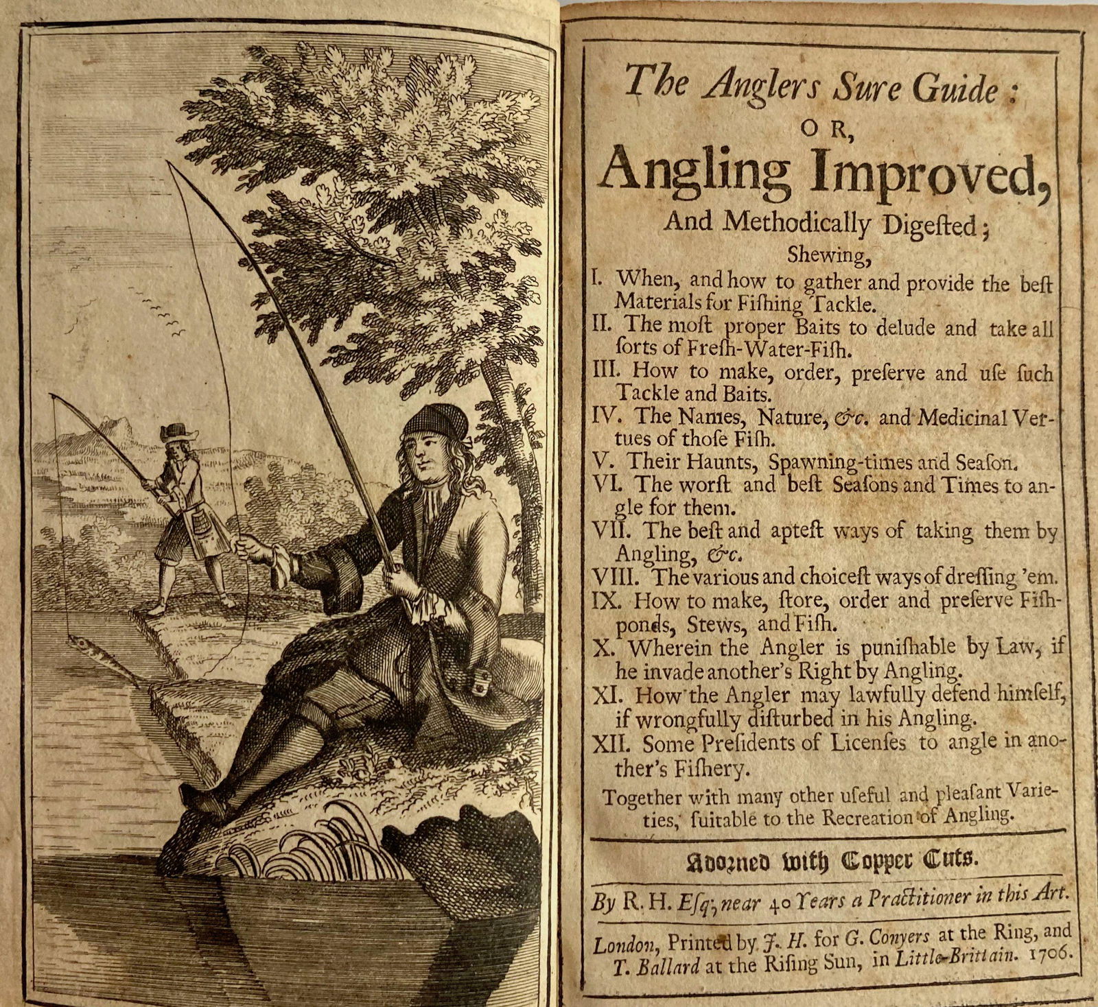 HOWLETT ROBERT The Anglers Sure Guide: Or, Angling Improved, 1706: 18th Century book THE ANGLERS SURE GUIDE by author Robert Howlett. Publisher G. Conyers & T. Ballard, London 1706. First Edition. Two copper engraved plates (one with 12 identified fish). Subjects cov