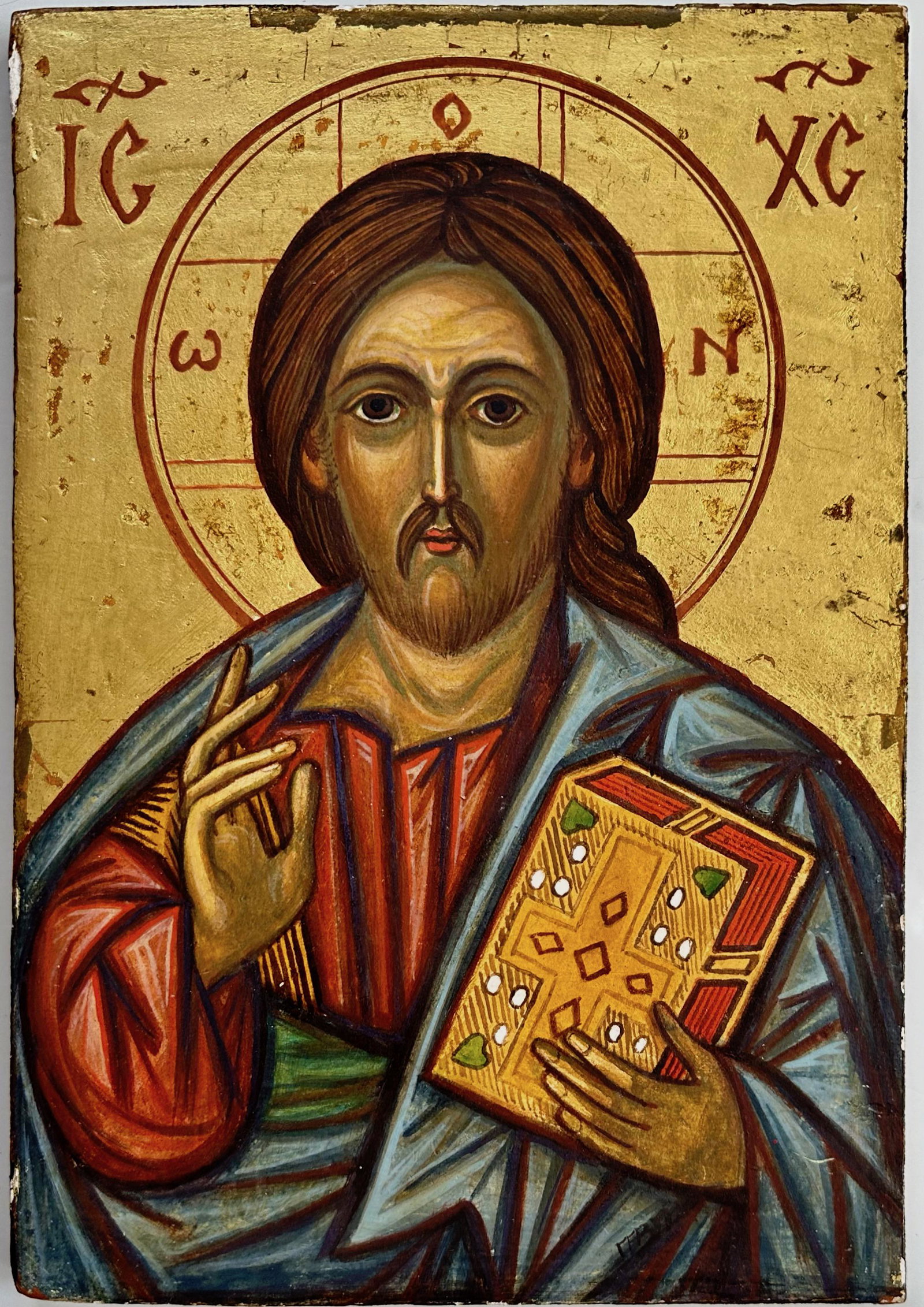 Greek Orthodox Wood Icon CHRIST PANTOCRATOR: Greek Orthodox Icon on wood panel, 20th c. Depiction of Christ as Creator, Savior and Judge. Hand-painted tempera on panel. Artist signed lower right (view photo). Dimensions: panel: 11 1/2 in. x 7 3/