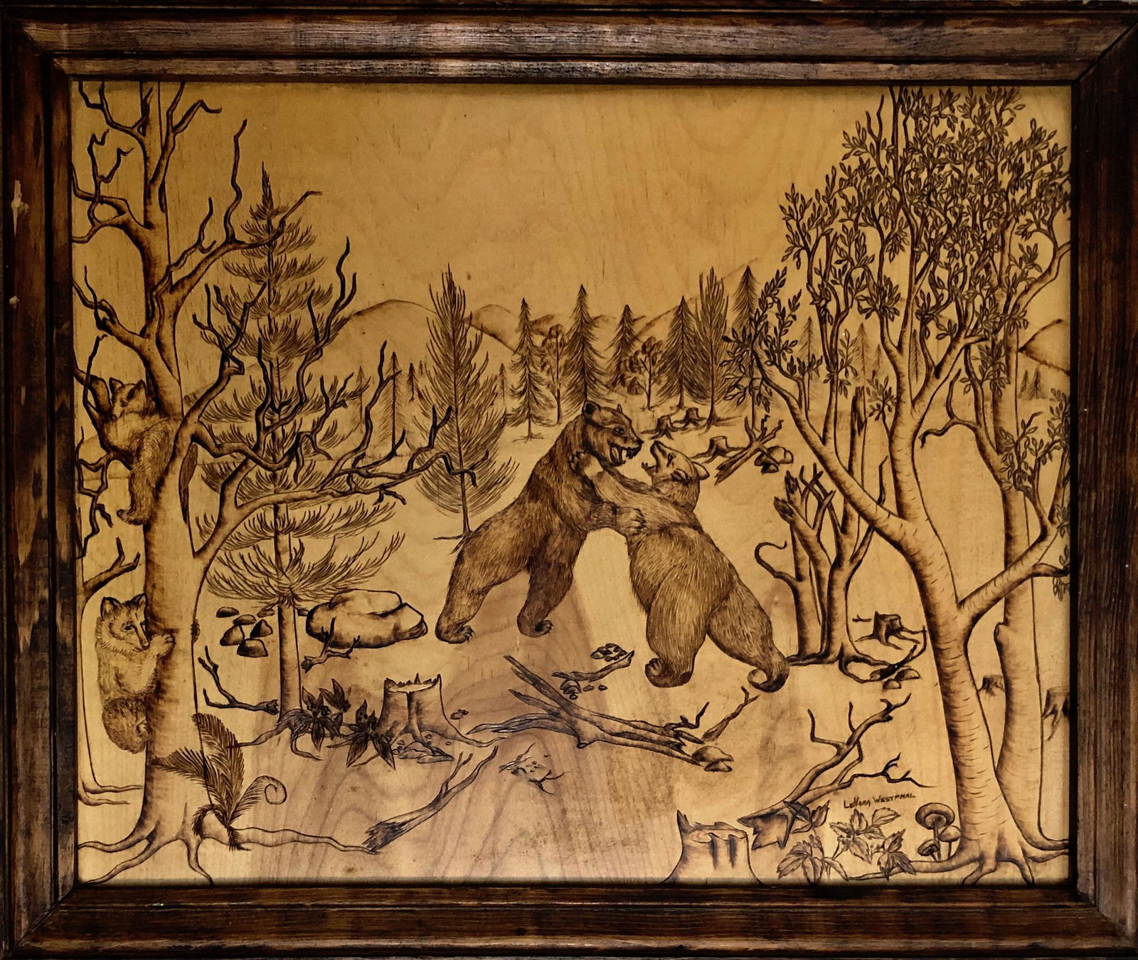 American Folk Art Carved Panel FIGHTING BEARS Lenora Westphal, 1960s (1 of 6)