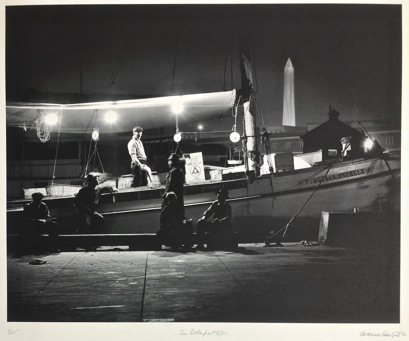 Volkmar Kurt Wentzel Signed Photograph THE WATERFRONT: Washington By Night. Photographer Volkmar Wentzel (German / United States, 1915-2006). Image: Fishermen unloading catch off the Virginia Estelle. Pencil signed by the photographer, Volkmar Wentzel. Pe