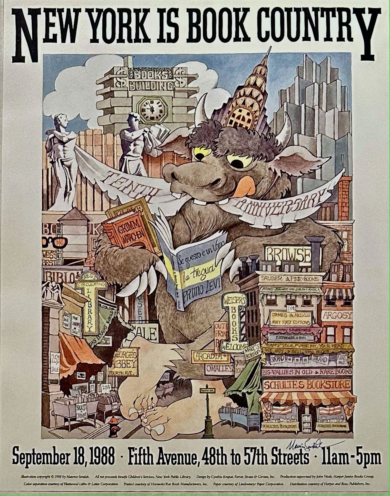 NEW YORK IS BOOK COUNTRY Illustrated & Signed by Maurice Sendak W/ COA (1 of 3)