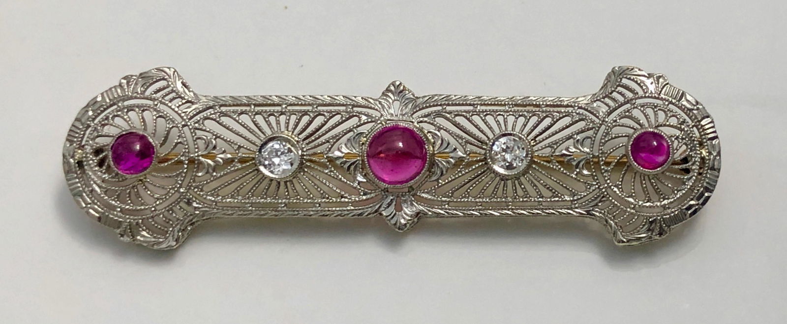 Antique Ruby & Diamond Filigree Long Brooch Pin Set In White Gold (1 of 5)