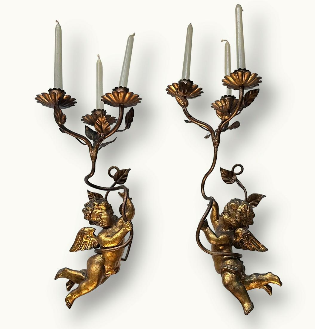 Antique Pair: Hand-Carved Wood Putti Cherub Wall Sconces (1 of 5)