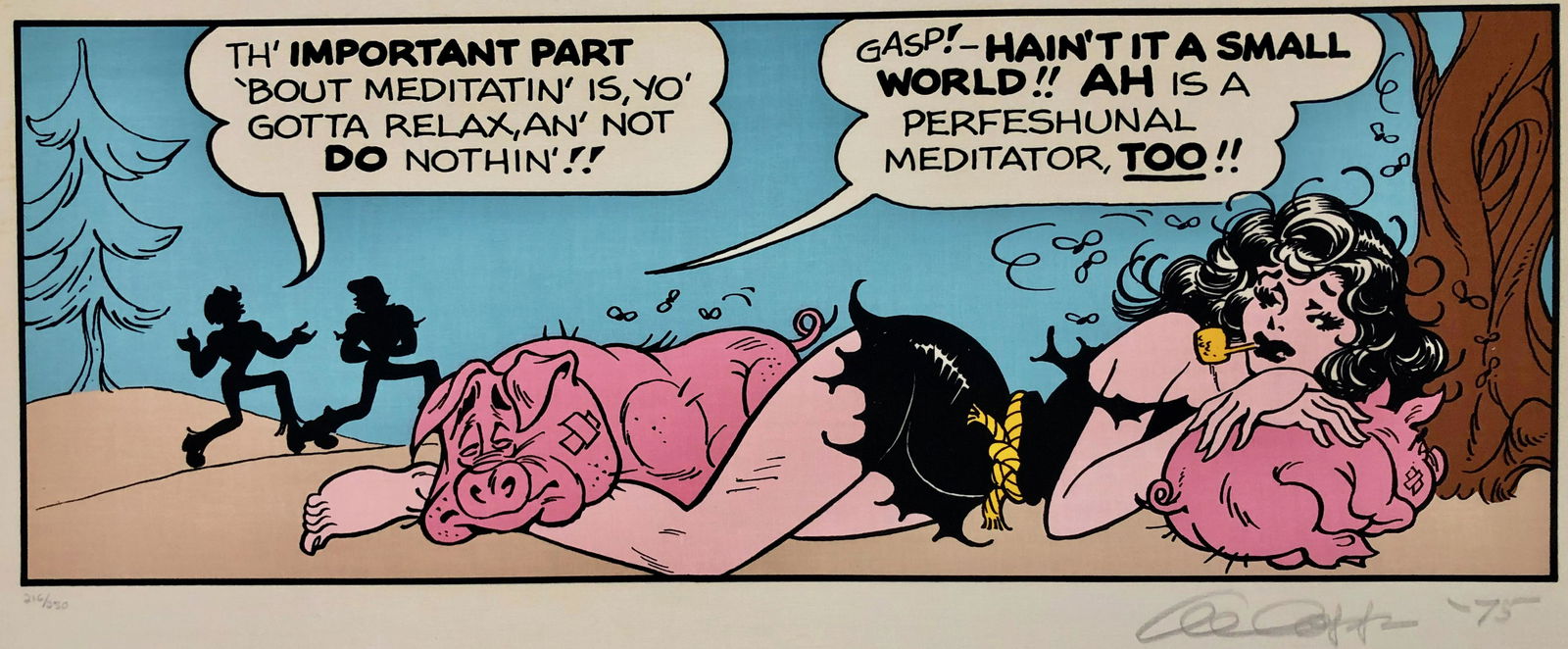 Al Capp Li'l Abner MOONBEAM McSWINE Signed Silkscreen, 1975: Cartoonist Al Capp (American, 1909â€“1979). Moonbeam McSwine limited edition. Paper-backed linen silkscreen. Pencil signed, edition numbered & dated by Al Capp Edition: 216 / 250. Date: '75. On r