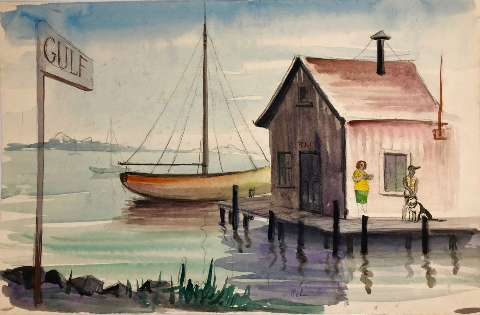 Albert Pels (American, 1910-1998) SHIP BOTTOM, New Jersey: Albert Pels original watercolor, signed and titled. Signed in ink by the artist: Pels (lower center). Titled in ink SHIP BOTTOM N.J. (on back). Watercolor on cream wove paper. Dimensions: 10 in x 15 i