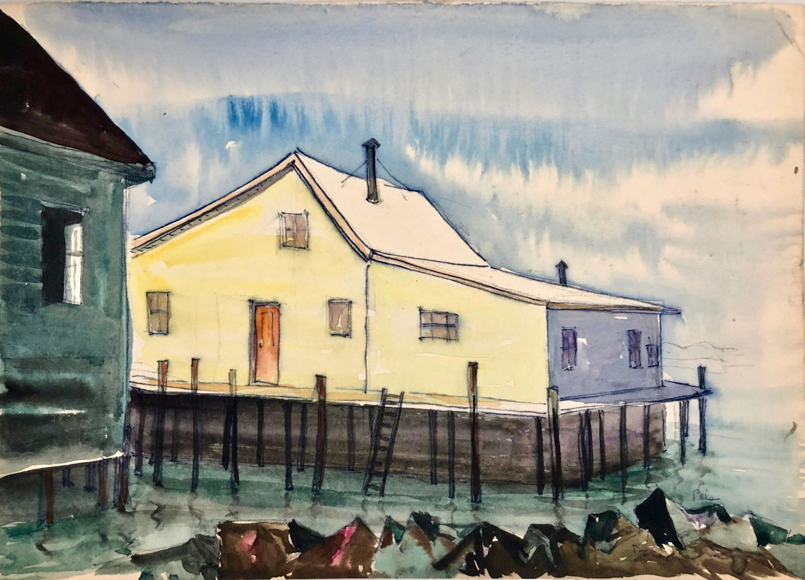 Albert Pels (American, 1910-1998) EASTPORT, MAINE: Original Albert Pels, signed and titled watercolor. Signed in ink by the artist: Pels (lower right). Titled in ink EASTPORT, MAINE (on reverse). Watercolor on cream wove paper. Dimensions: 11 in x 15