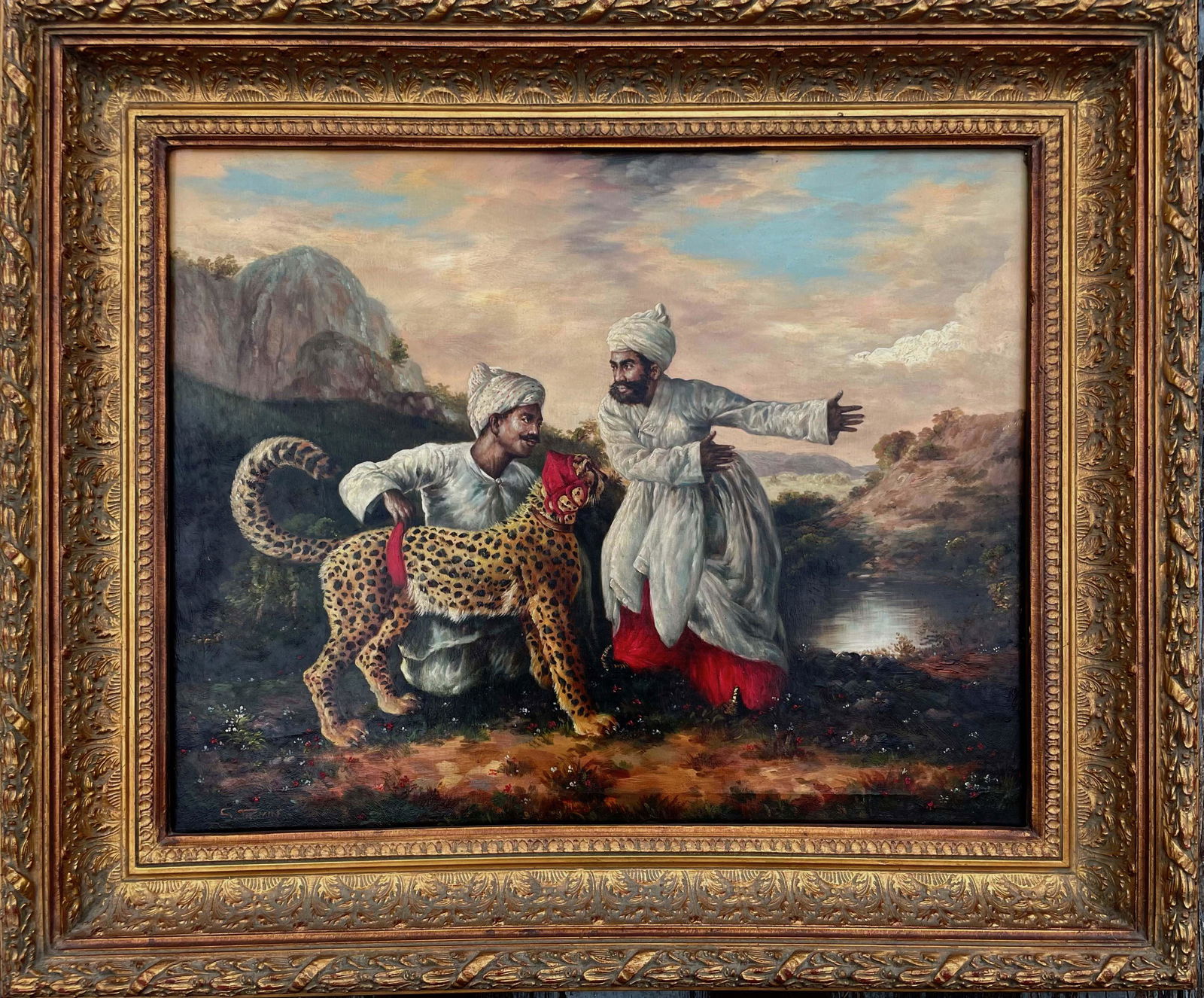 Orientalist Oil Painting CHEETAH With SERVANTS, S. Tasmin: Orientalist oil painting signed by the artist: S. Tasmin after George Stubbs. Image of a Cheetah and Stag with Arab Servants in a landscape setting. Signed lower right: S. Tasmin. Oil on canvas housed