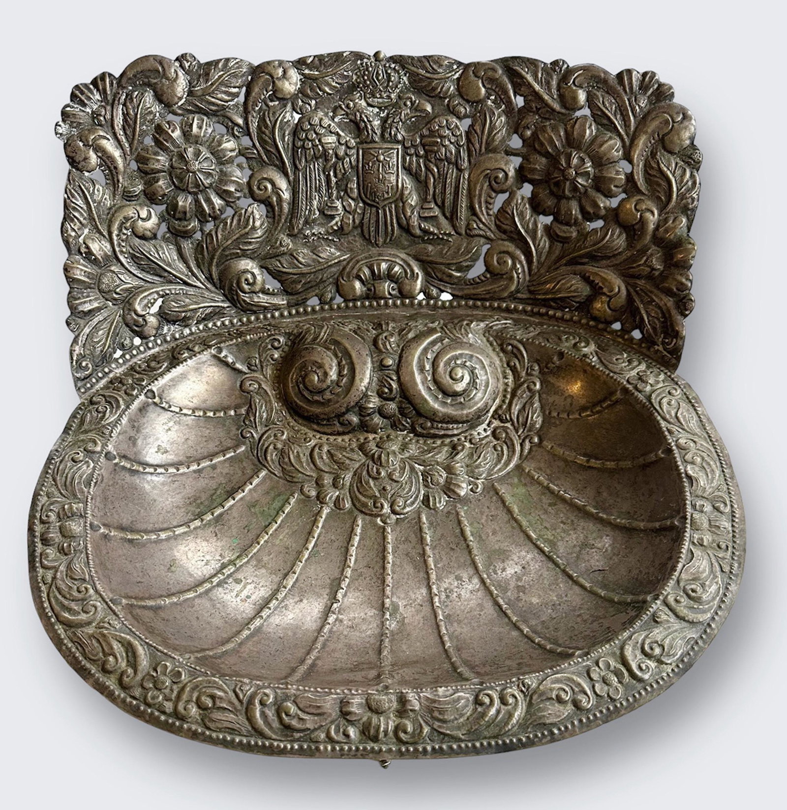 Antique Peruvian Spanish Colonial Silver Baptism Holy Water Font: Large Peru Repousse Silver Baptism Holy Water Font. The entirety of the vessel with repousse scroll and foliage motifs throughout. Central coat of arms of the city of Lima with crowned double eagle. S