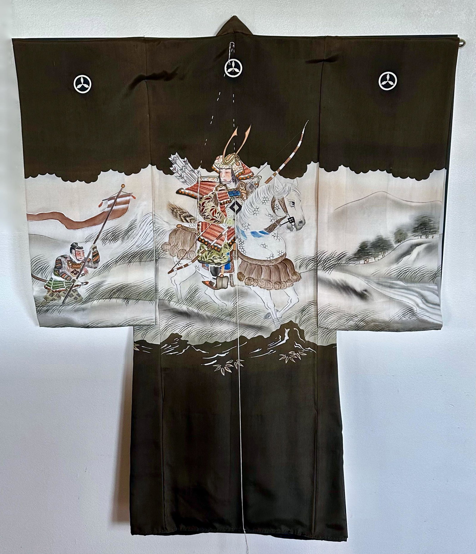 Vintage Japanese Embroidered Black Silk Kimono With Samurai Warrior: Vintage Large Japanese black silk embroidered kimono with Samurai Warrior on horseback. Originally custom mounted in a large plexiglass shadow box frame (removed). Dimensions: 41 inches x 33 inches. C