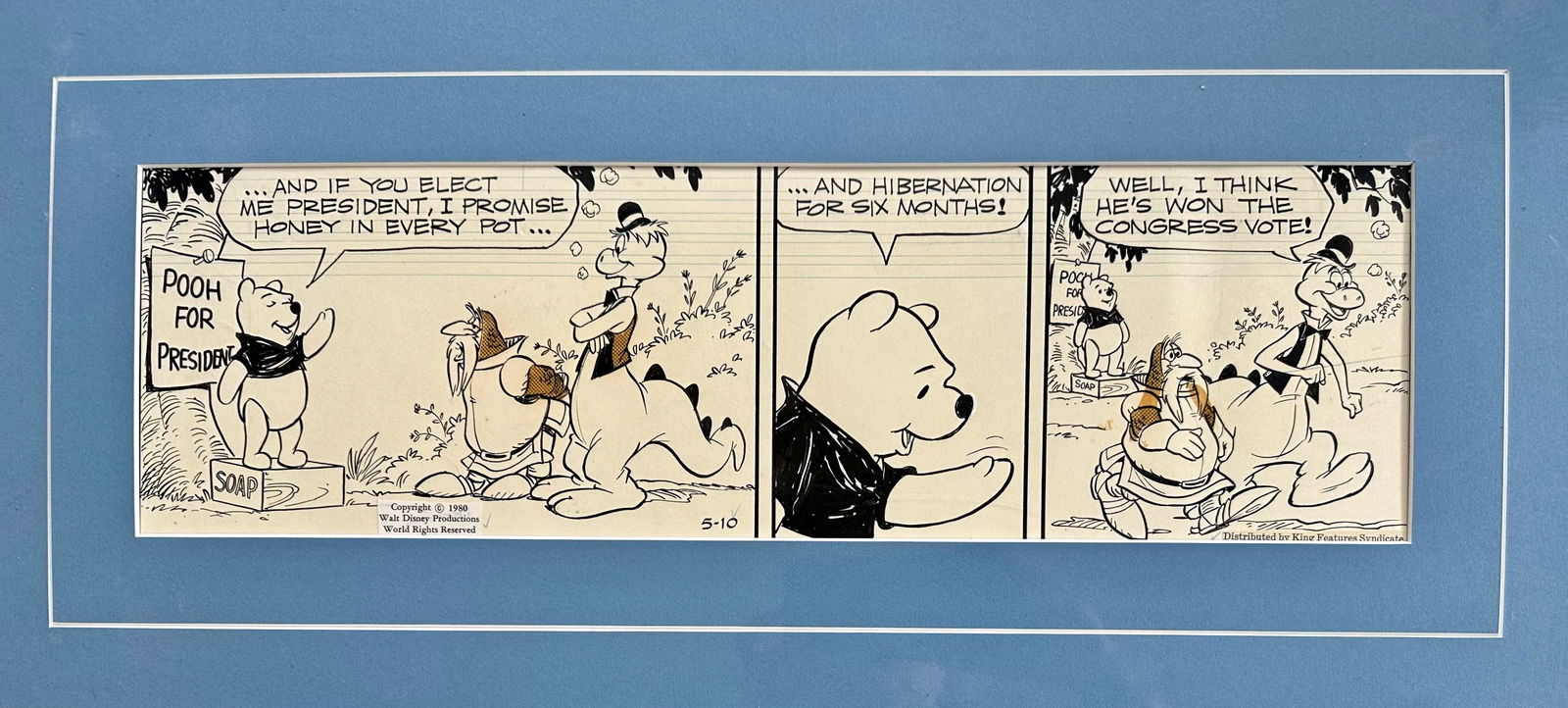 Winnie The Pooh Published Comic Strip Drawing, Walt Disney Studios: POOH FOR PRESIDENT. Original Winnie The Pooh published comic strip drawing. Published 1980. Pen and ink over graphite with colored pencil. Copyright 1980 Walt Disney Productions, World Rights Reserved
