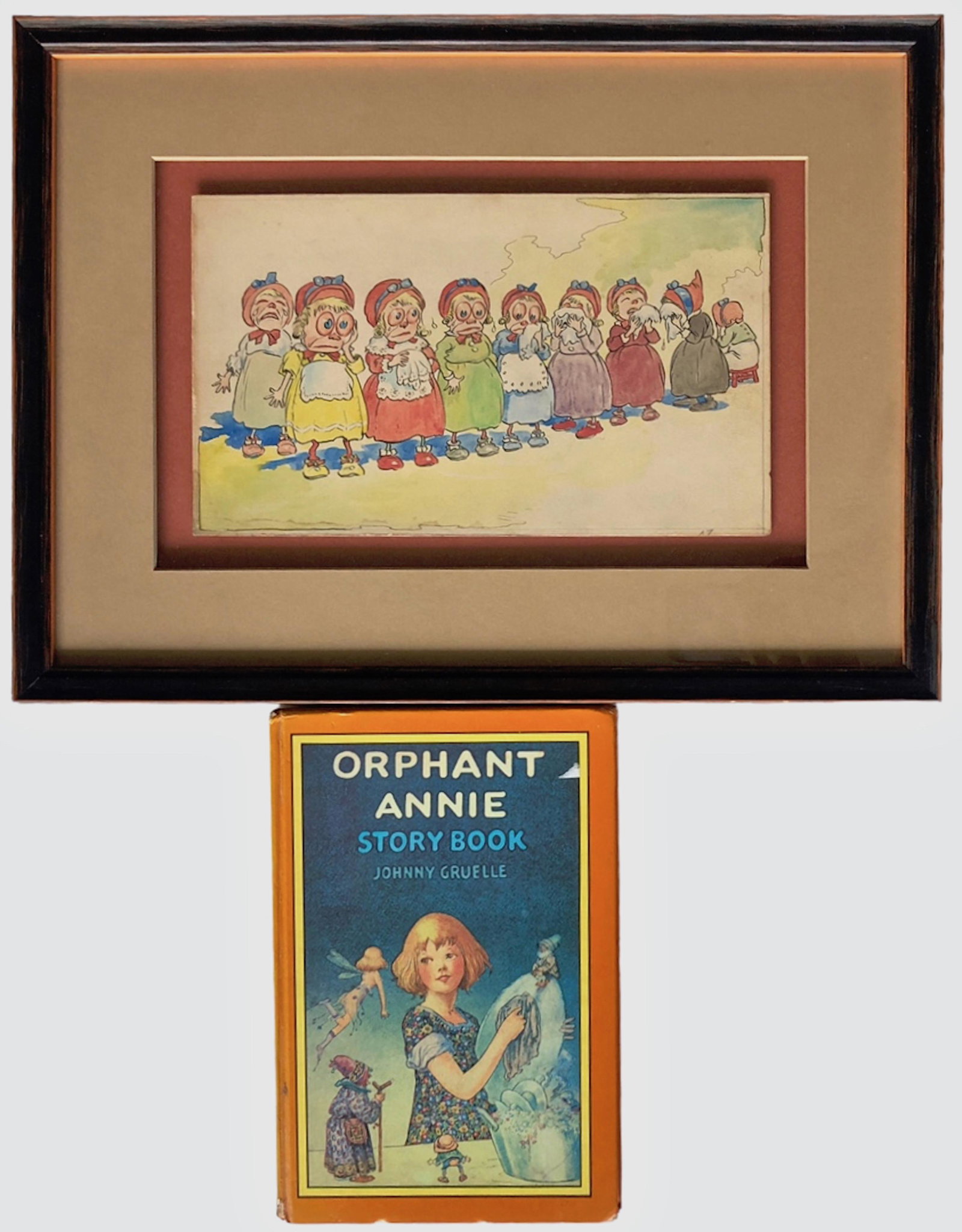 Johnny Gruelle Original Published lIlustration ORPHANT ANNIE Story Book,: THE NINE LITTLE GOBLINS WITH GREEN EYES. Illustrator and author John Barton Gruelle (American 1880-1938). Original published watercolor and ink on board by Johnny Gruelle. View Page 43 of ORPHANT ANNI